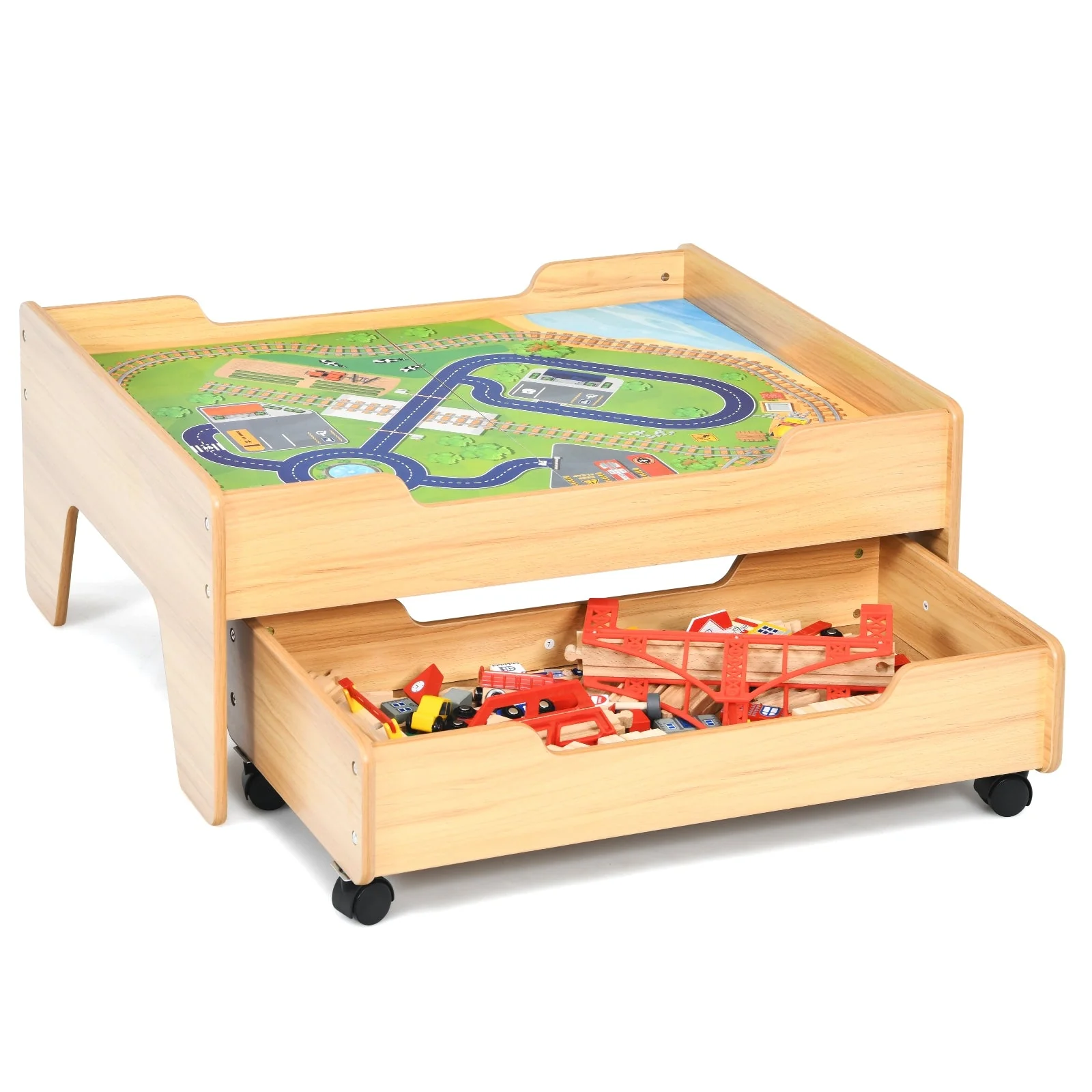 Children's Wooden Railway Set Table with 100 Pieces Storage Drawers - Image 4