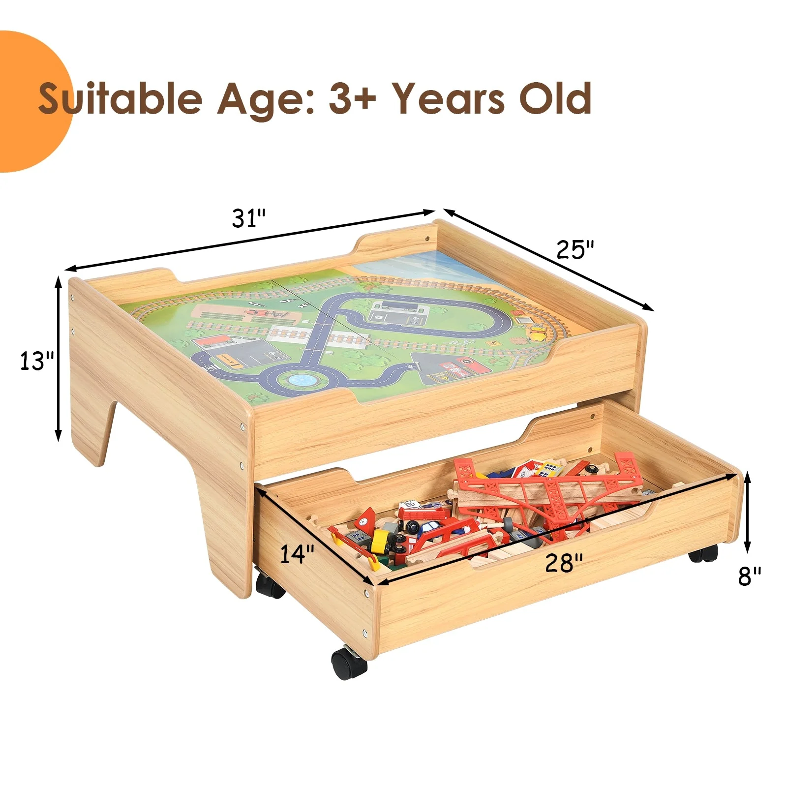 Children's Wooden Railway Set Table with 100 Pieces Storage Drawers - Image 5