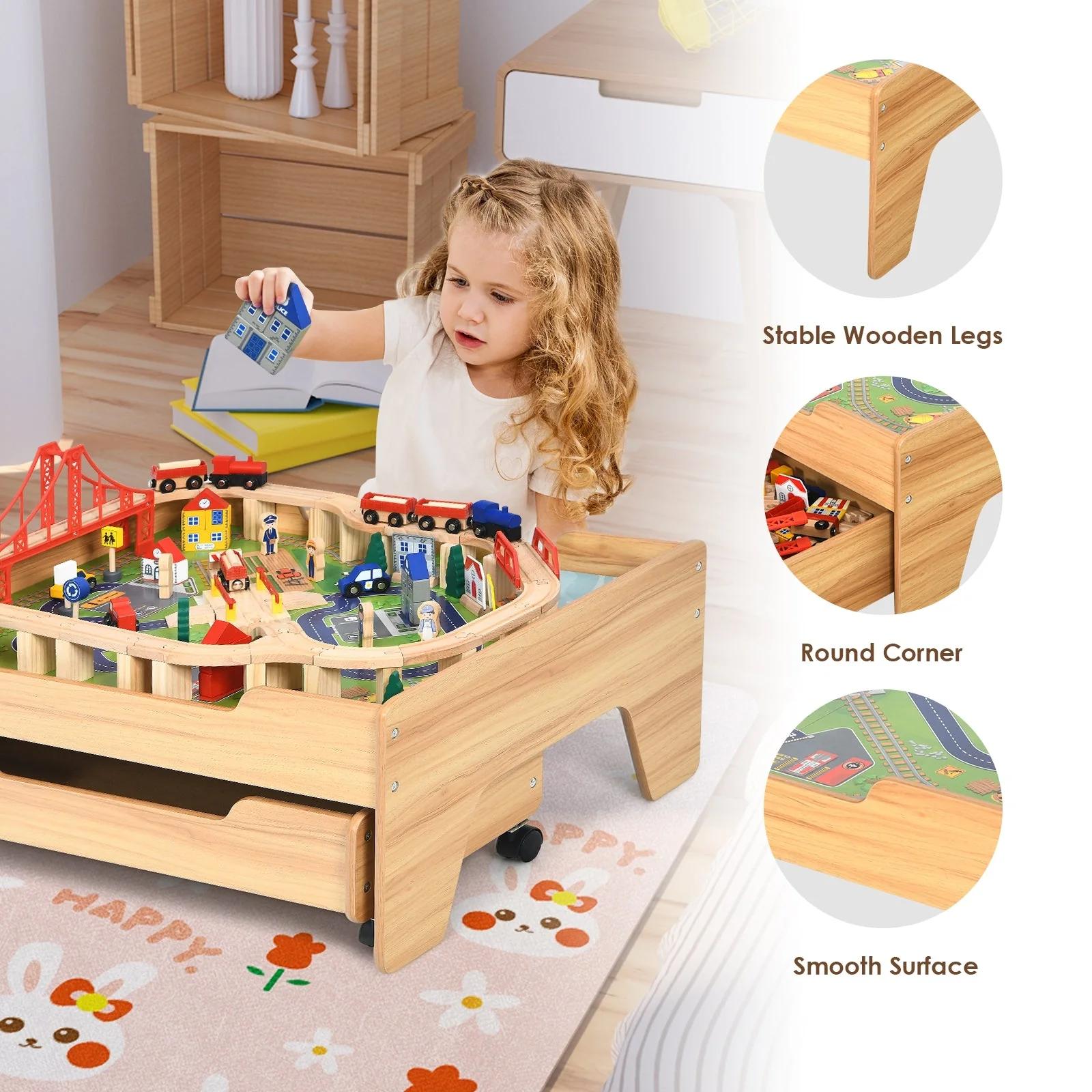 Children's Wooden Railway Set Table with 100 Pieces Storage Drawers - Image 6
