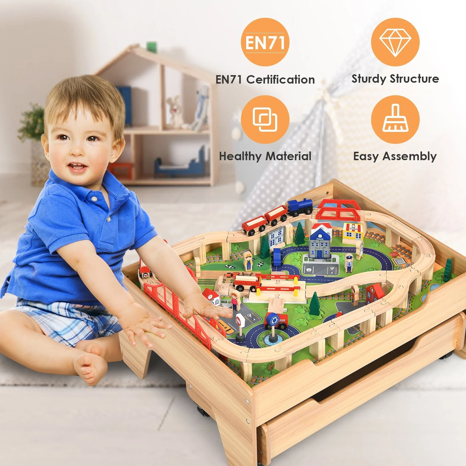 Children's Wooden Railway Set Table with 100 Pieces Storage Drawers - Image 7