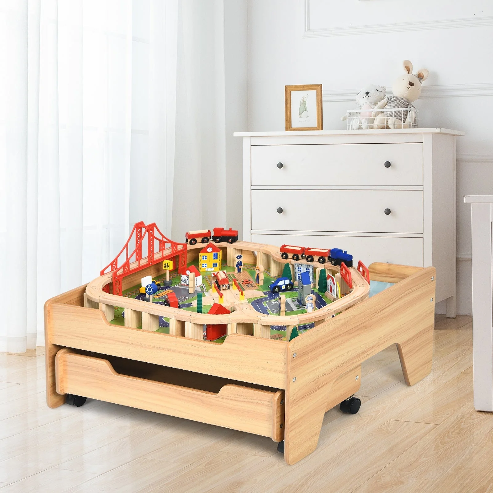 Children's Wooden Railway Set Table with 100 Pieces Storage Drawers - Image 8