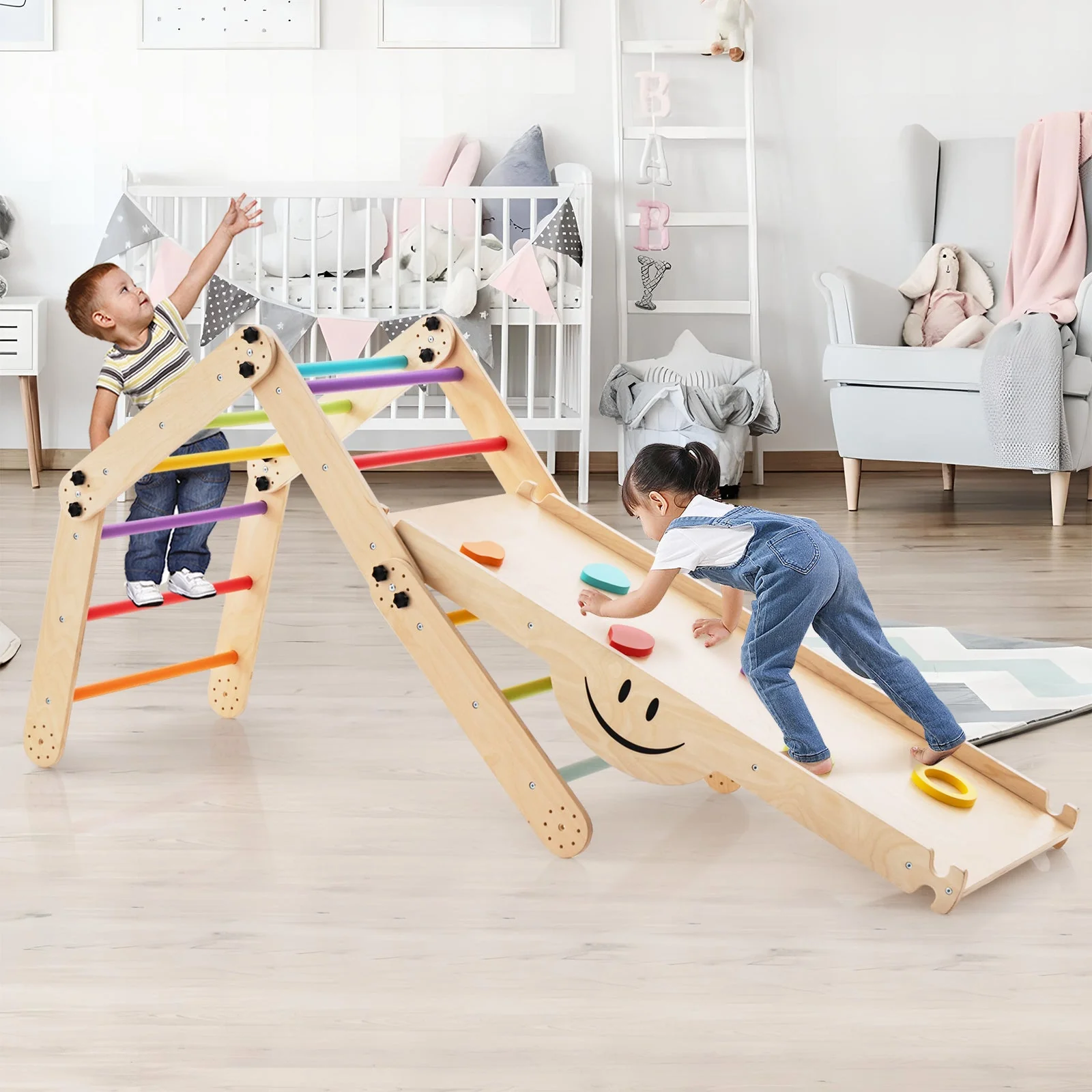 Climbing Triangle Ladder Toy Indoor Jungle Gym with Reversible Ramp-Multicolor - Image 2