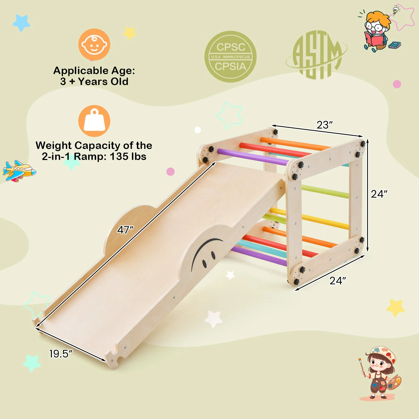 Climbing Triangle Ladder Toy Indoor Jungle Gym with Reversible Ramp-Multicolor - Image 4