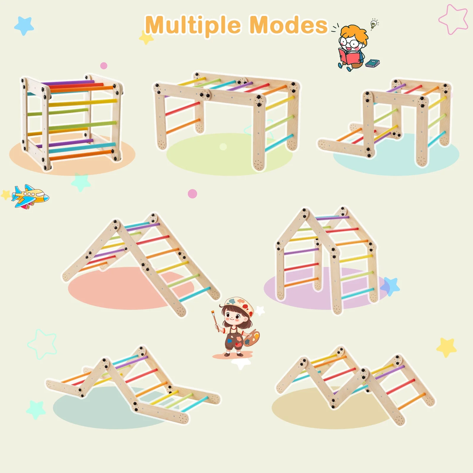 Climbing Triangle Ladder Toy Indoor Jungle Gym with Reversible Ramp-Multicolor - Image 5