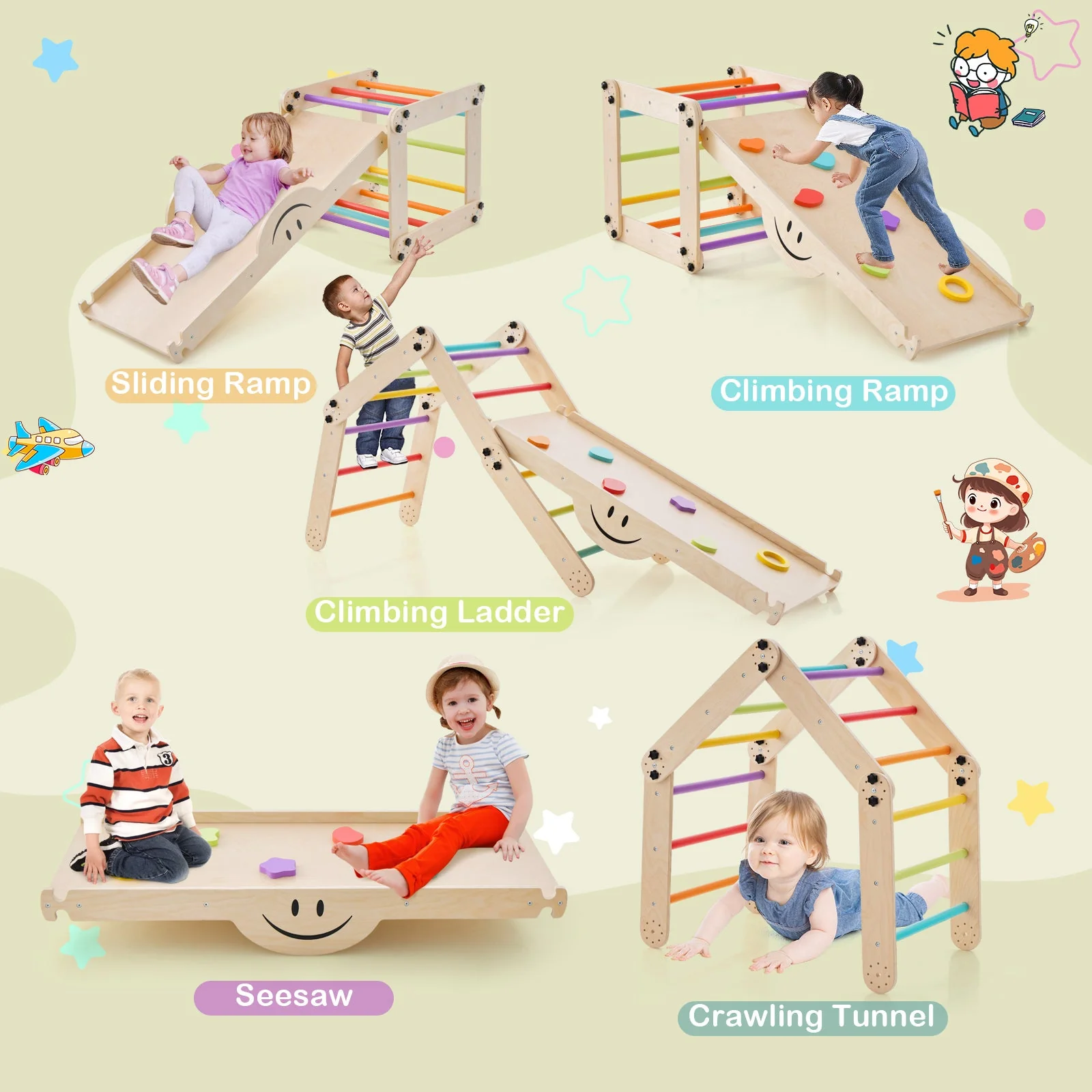Climbing Triangle Ladder Toy Indoor Jungle Gym with Reversible Ramp-Multicolor - Image 6