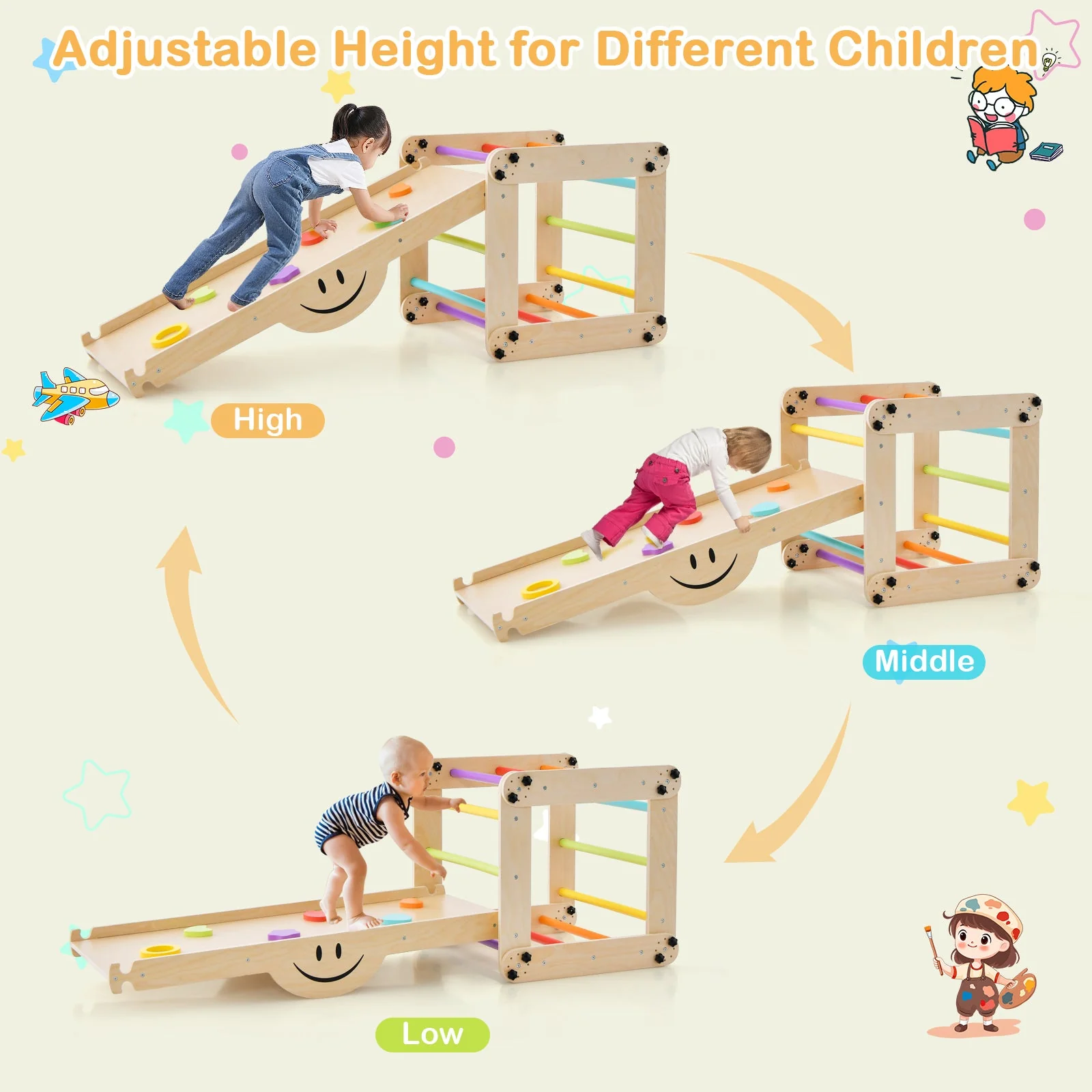 Climbing Triangle Ladder Toy Indoor Jungle Gym with Reversible Ramp-Multicolor - Image 7