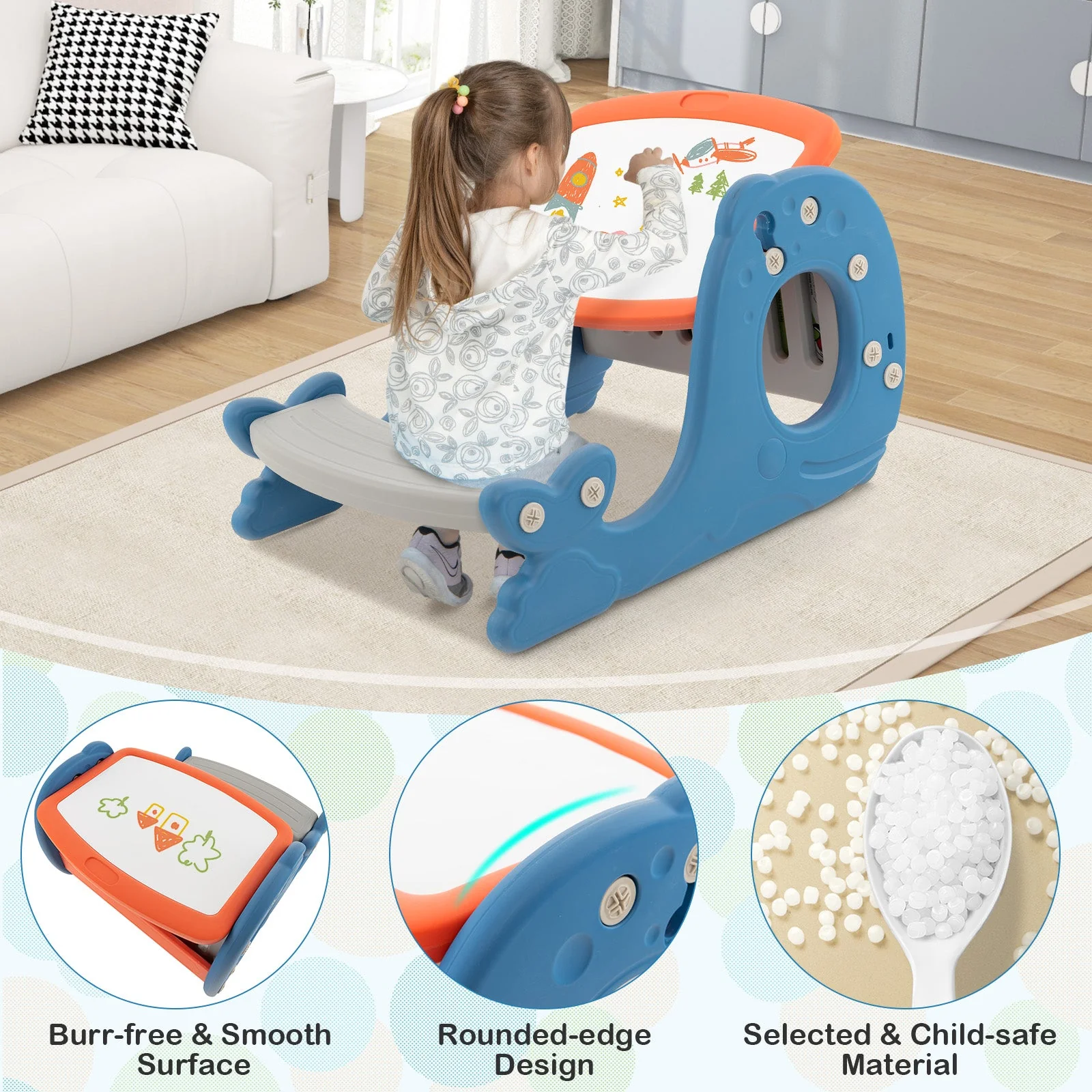 Convertible Kids Activity Table Set Toddler Easel with Erasable Whiteboard-Blue - Image 7