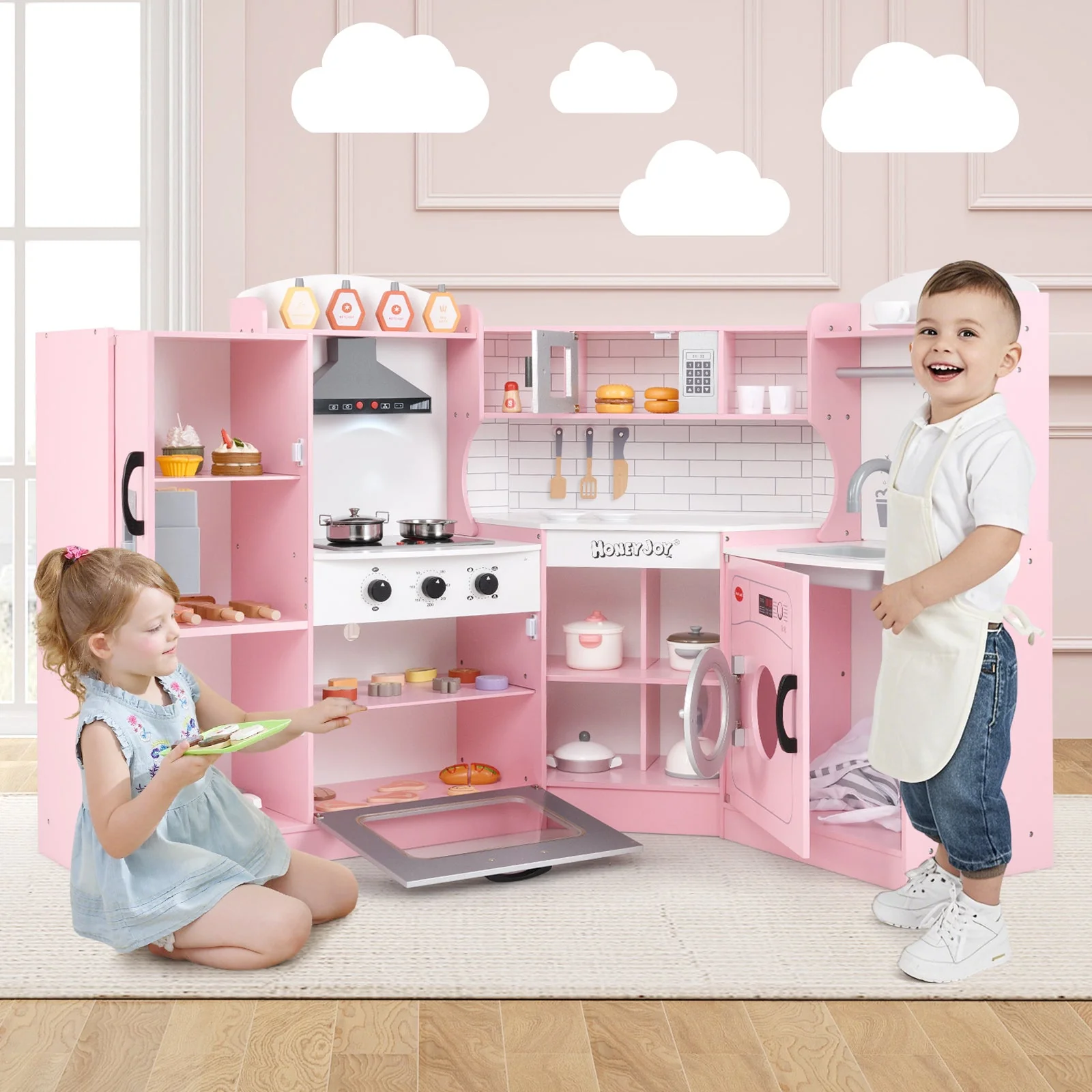 Corner Kids Play Kitchen with Washing Machine and Ice Maker Gift for Boys Girls-Pink - Image 2