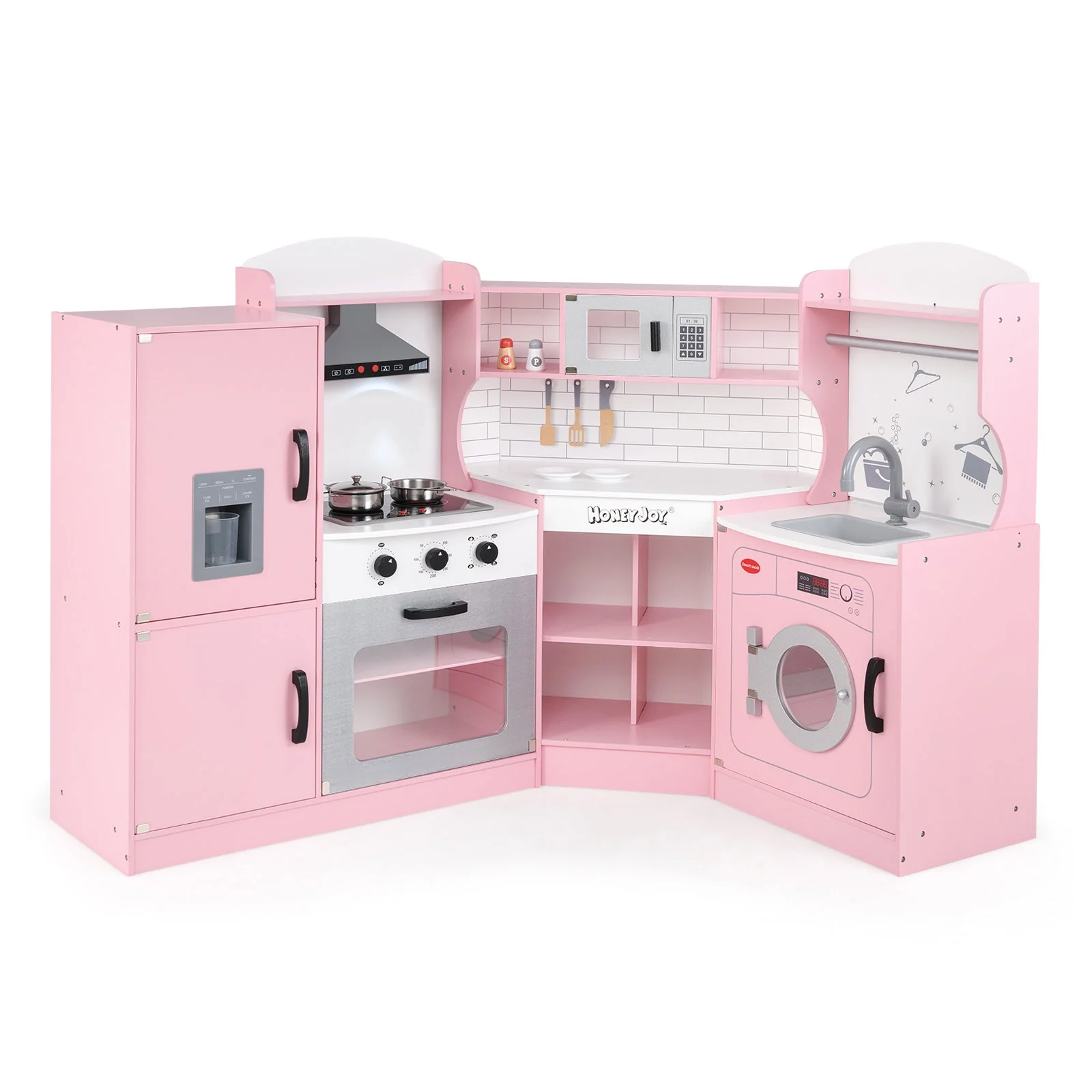 Corner Kids Play Kitchen with Washing Machine and Ice Maker Gift for Boys Girls-Pink - Image 3