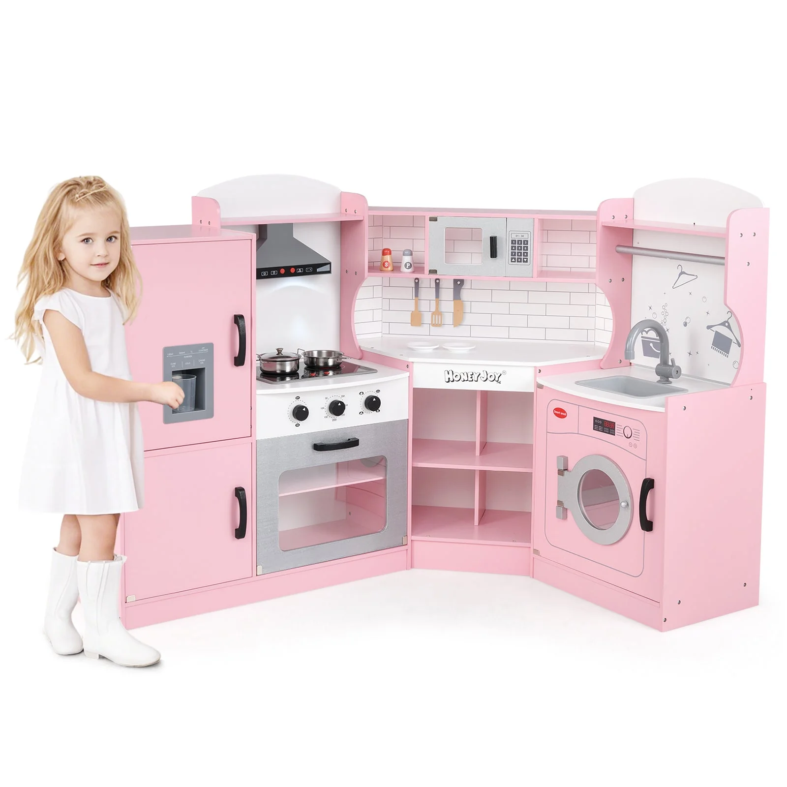 Corner Kids Play Kitchen with Washing Machine and Ice Maker Gift for Boys Girls-Pink - Image 4