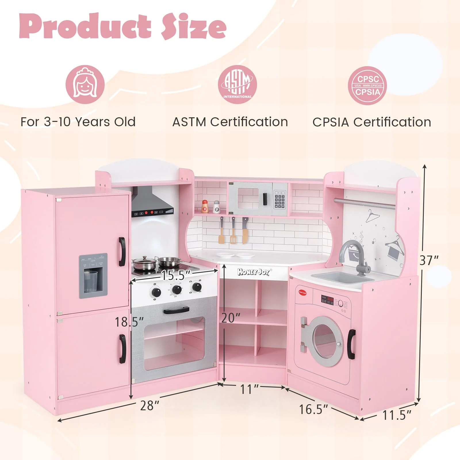 Corner Kids Play Kitchen with Washing Machine and Ice Maker Gift for Boys Girls-Pink - Image 5