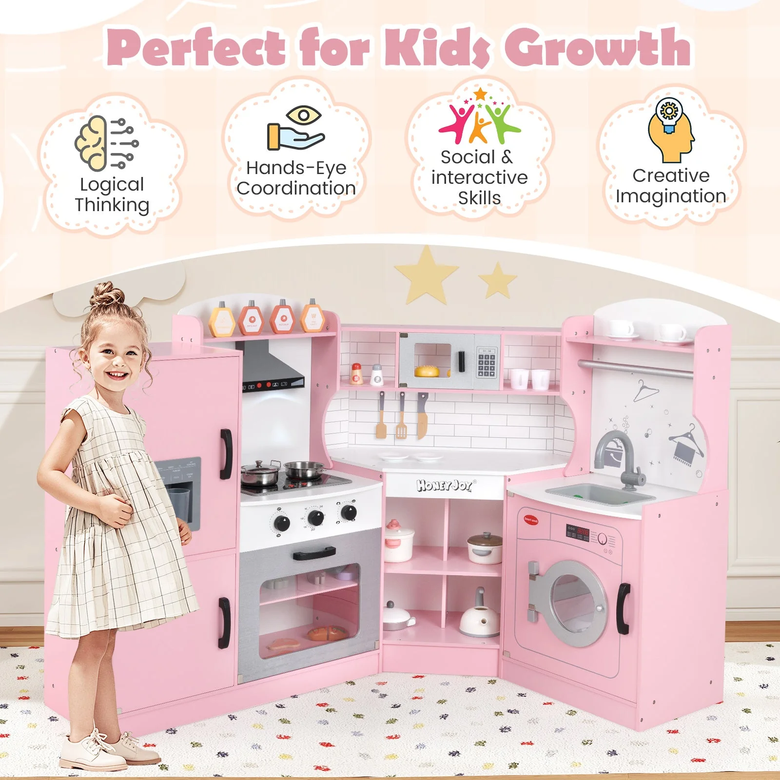 Corner Kids Play Kitchen with Washing Machine and Ice Maker Gift for Boys Girls-Pink - Image 6