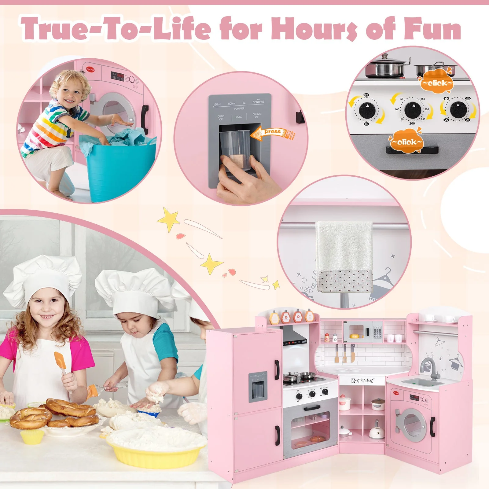 Corner Kids Play Kitchen with Washing Machine and Ice Maker Gift for Boys Girls-Pink - Image 8