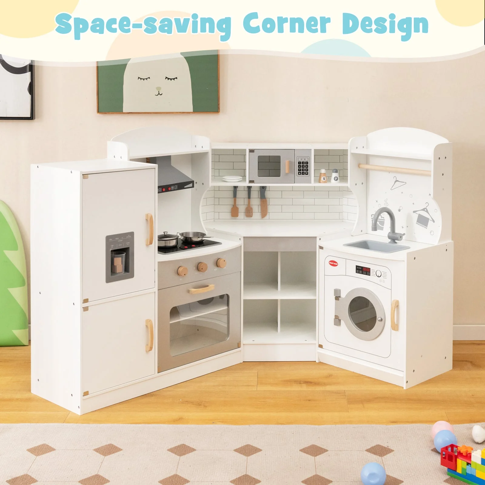 Corner Kids Play Kitchen with Washing Machine and Ice Maker Gift for Boys Girls-White - Image 2