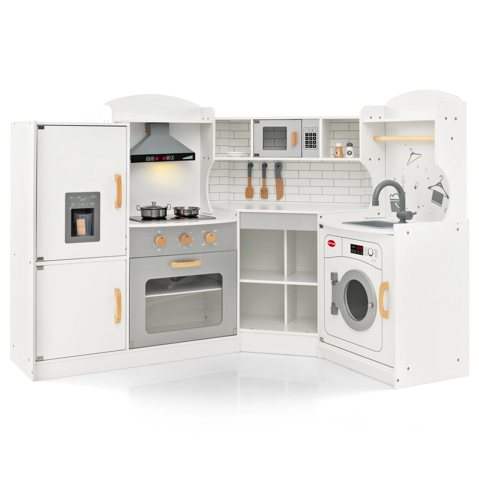 Corner Kids Play Kitchen with Washing Machine and Ice Maker Gift for Boys Girls-White - Image 3