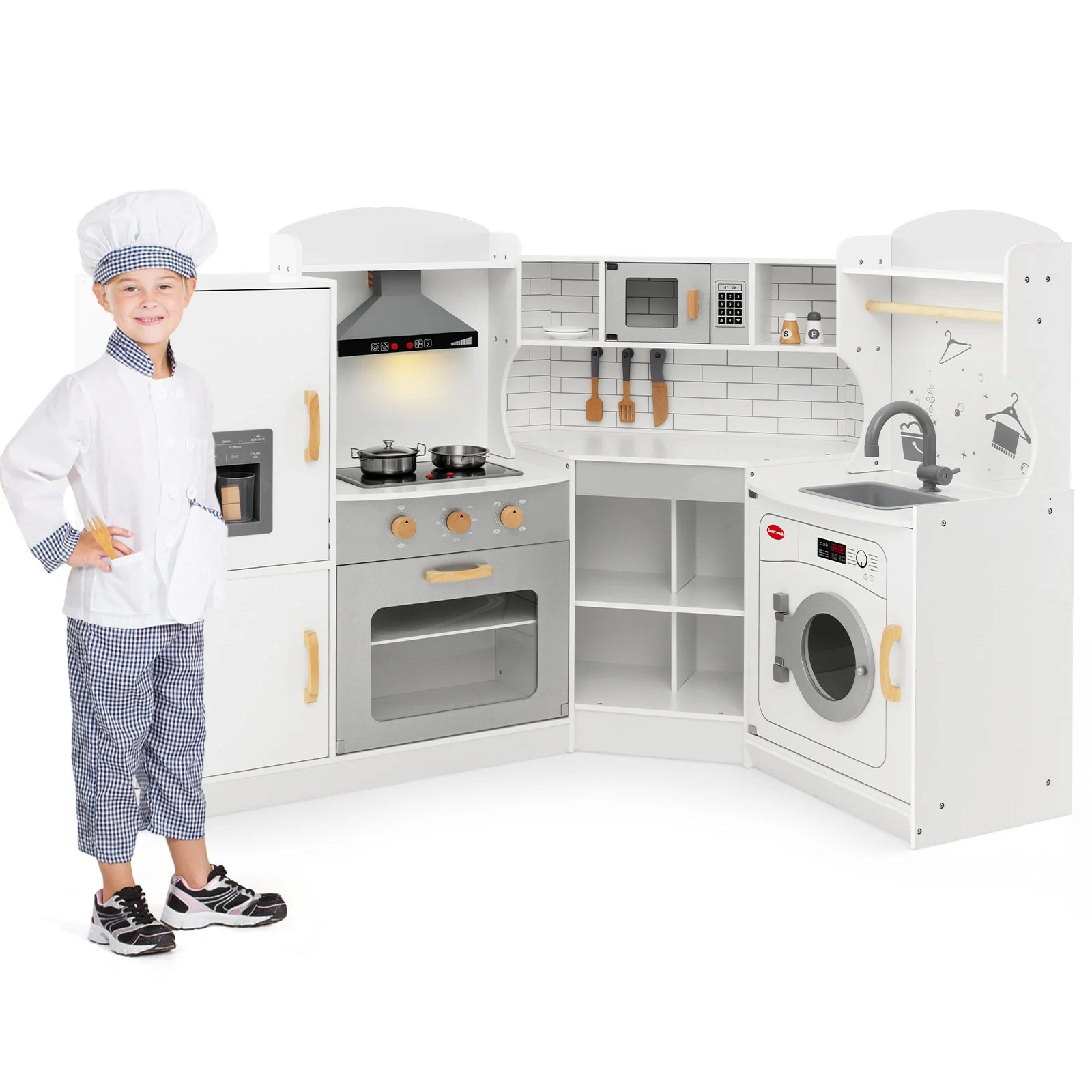 Corner Kids Play Kitchen with Washing Machine and Ice Maker Gift for Boys Girls-White - Image 4