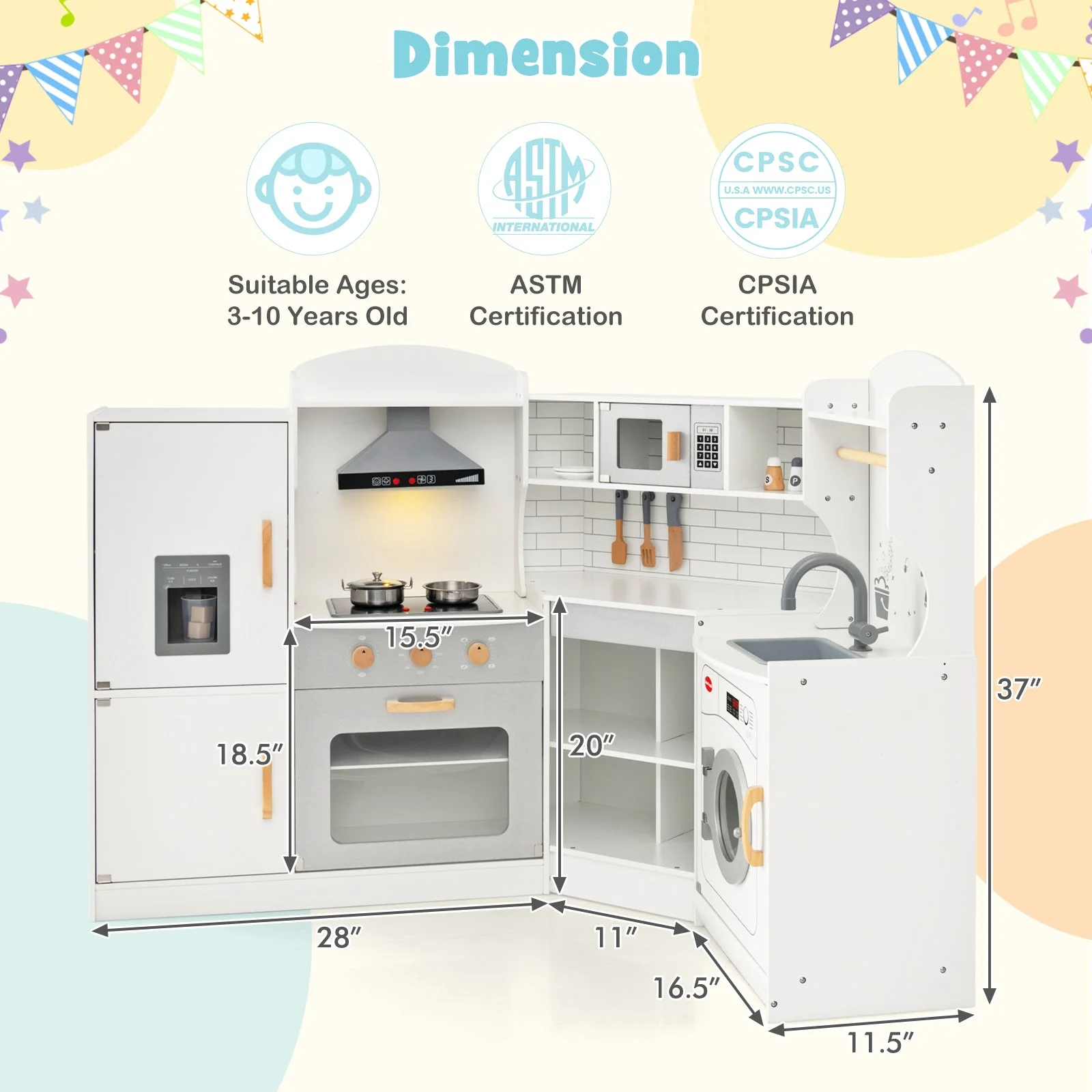 Corner Kids Play Kitchen with Washing Machine and Ice Maker Gift for Boys Girls-White - Image 5