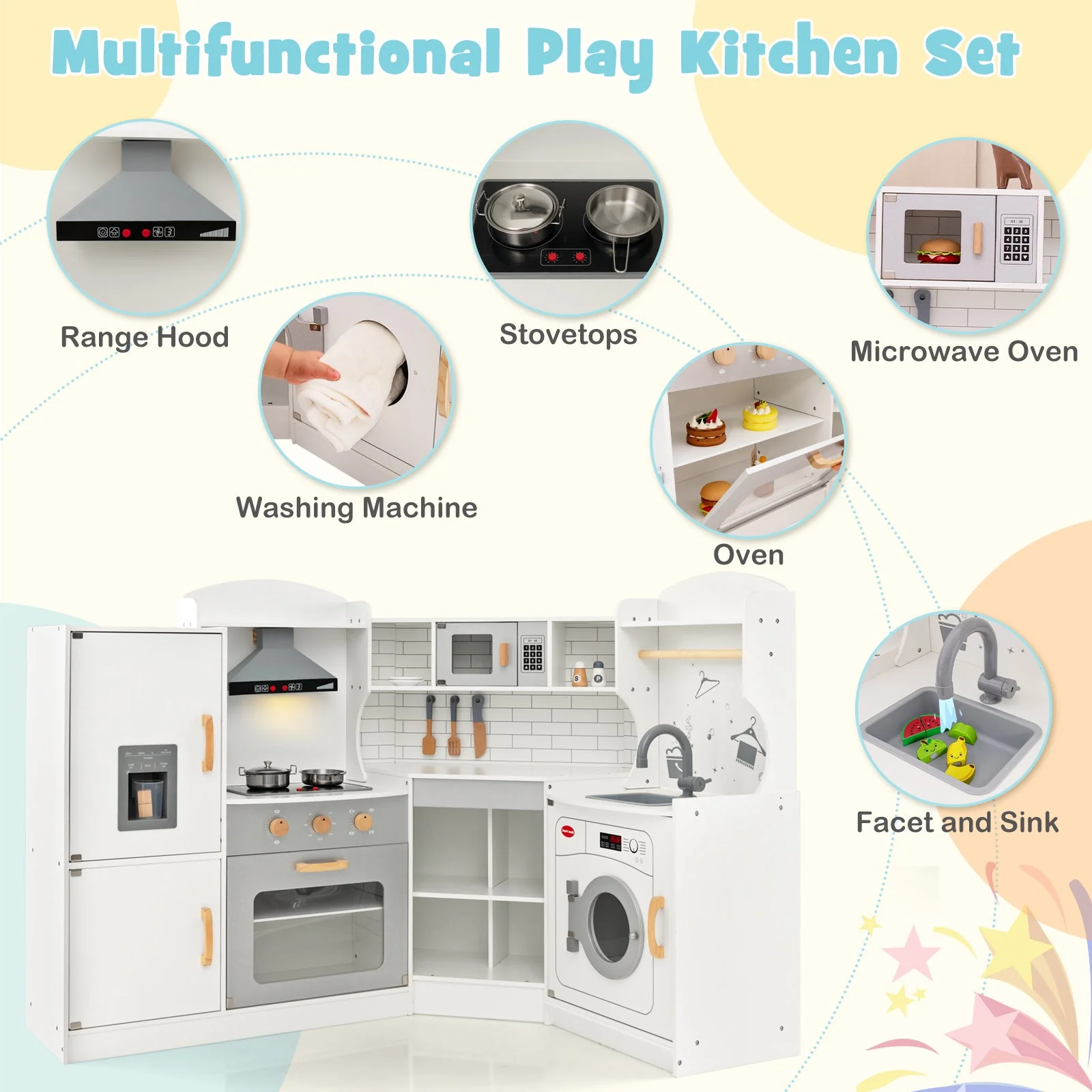 Corner Kids Play Kitchen with Washing Machine and Ice Maker Gift for Boys Girls-White - Image 6