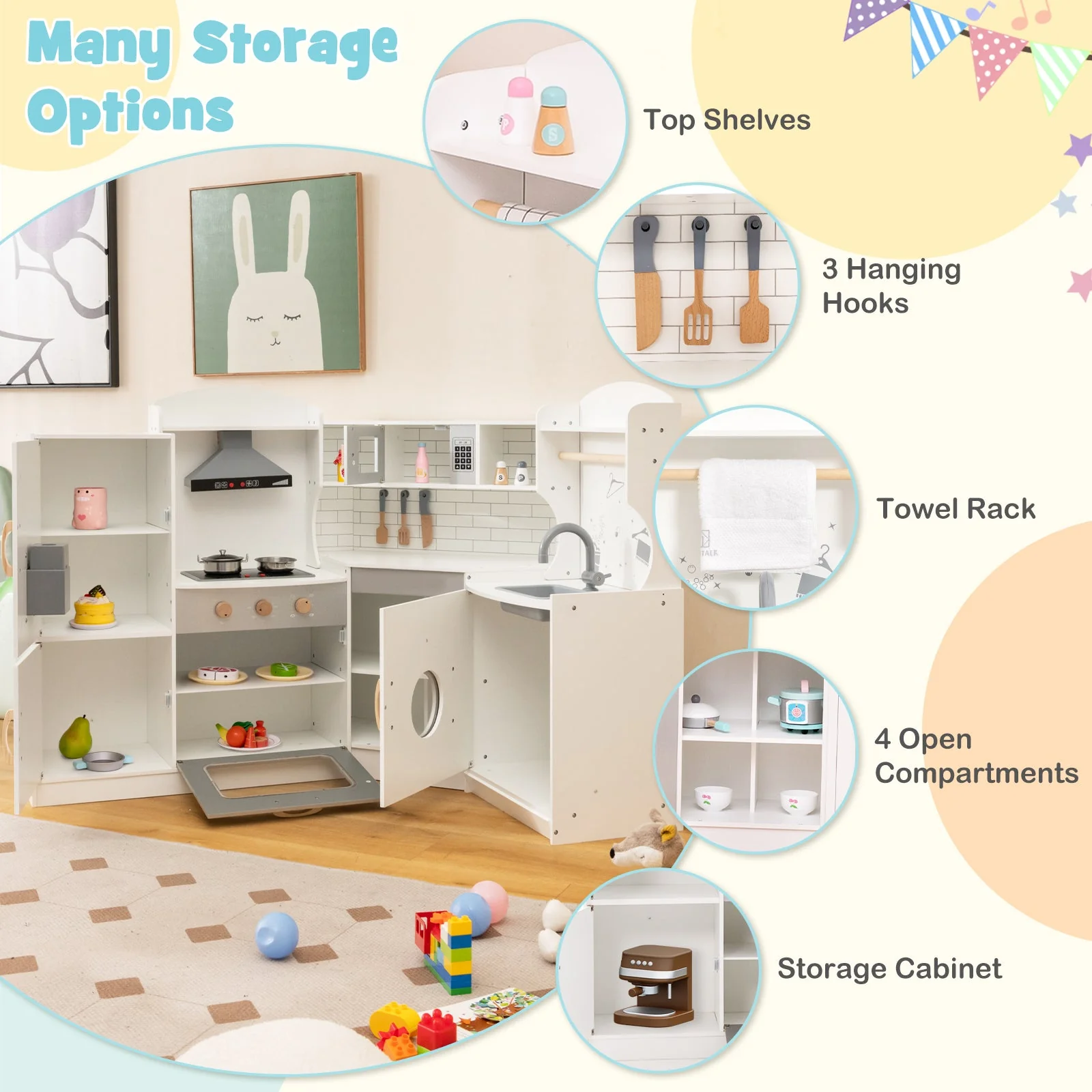 Corner Kids Play Kitchen with Washing Machine and Ice Maker Gift for Boys Girls-White - Image 7