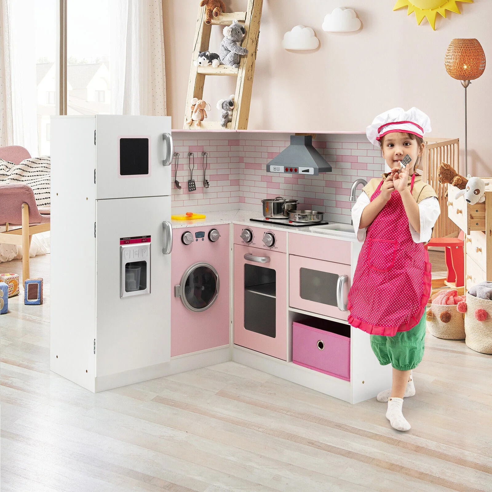 Corner Play Kitchen Wooden Toy Set with Sound and Light - Image 2