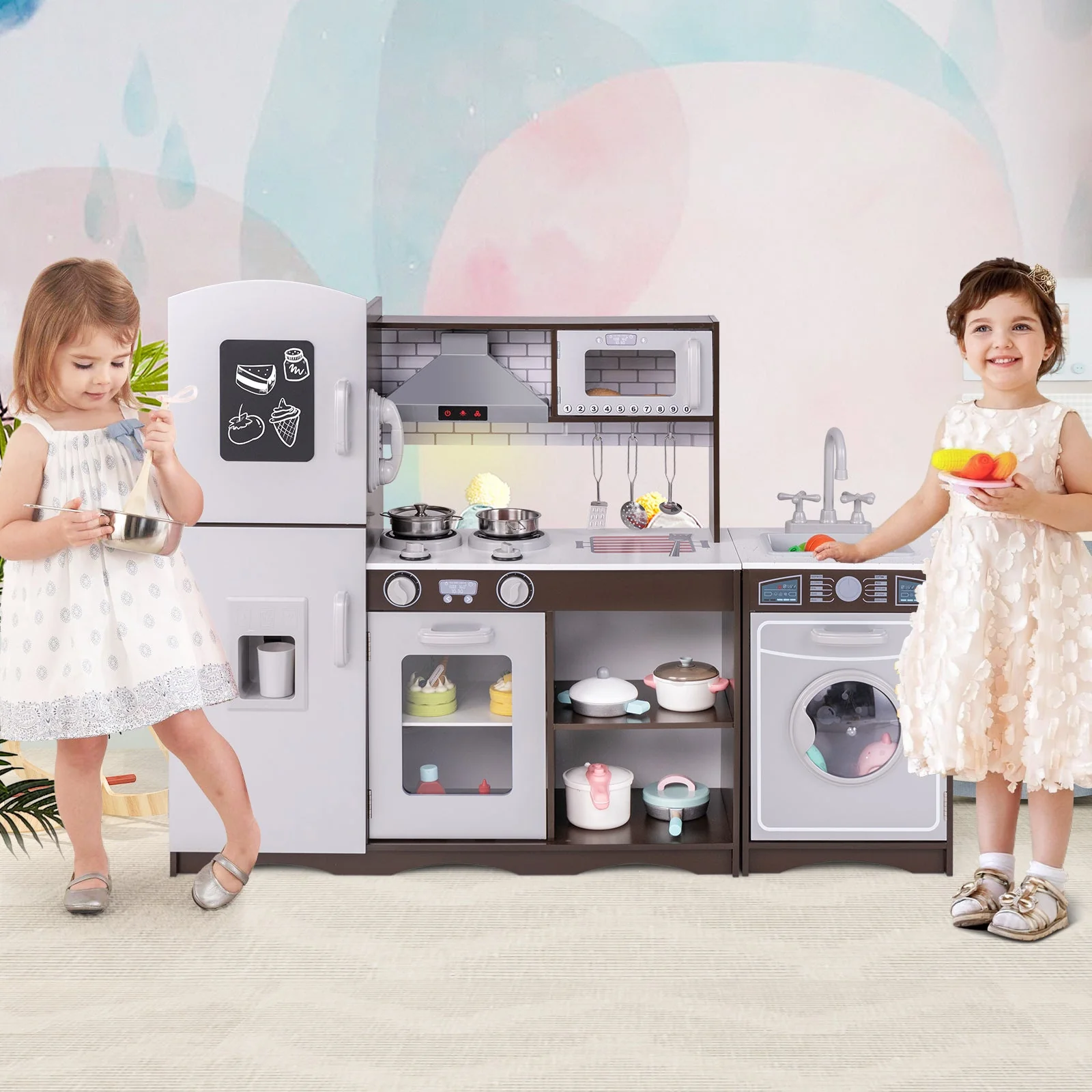 Corner Toy Kitchen Set with Light with Sounds Interactive-Dark Brown - Image 2