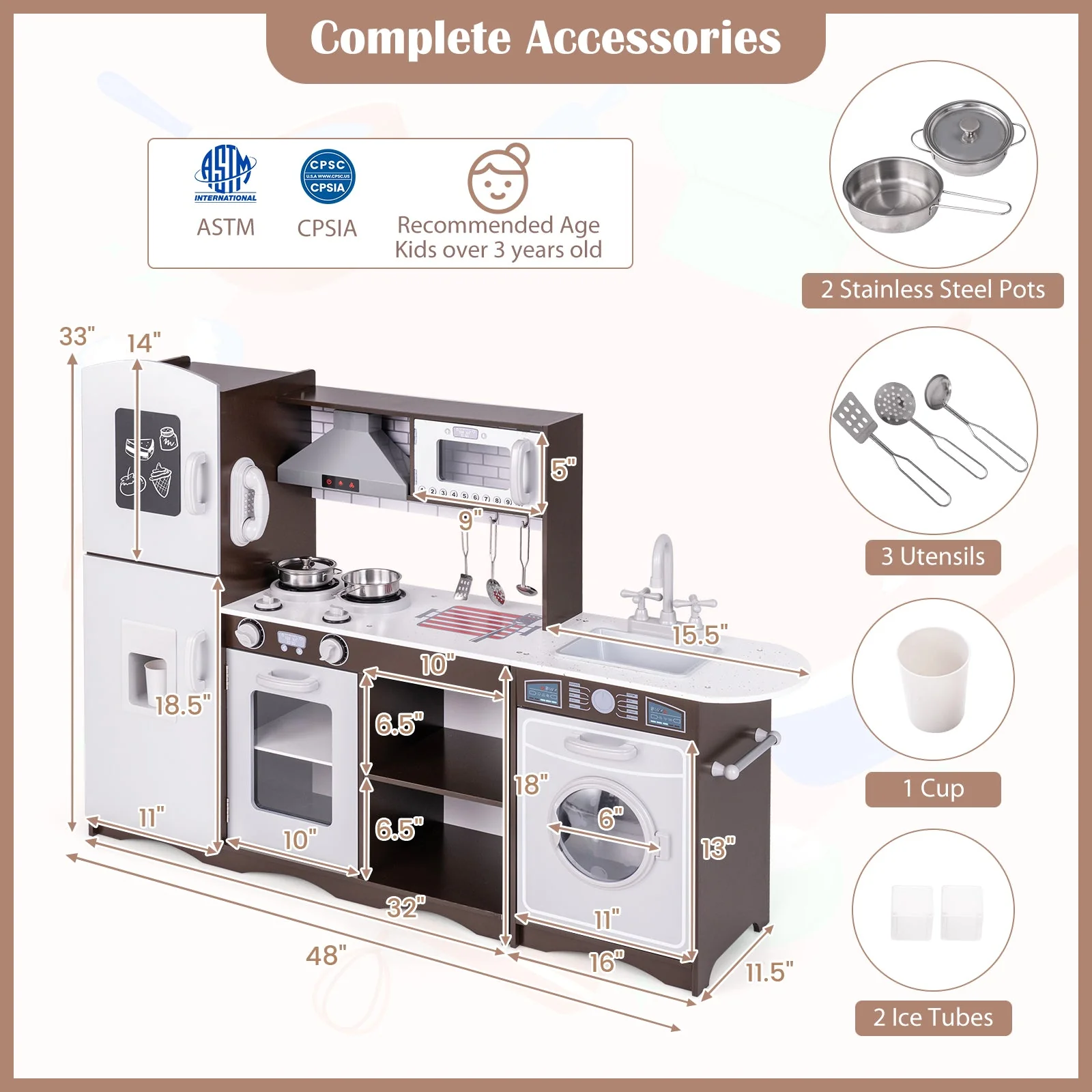 Corner Toy Kitchen Set with Light with Sounds Interactive-Dark Brown - Image 4