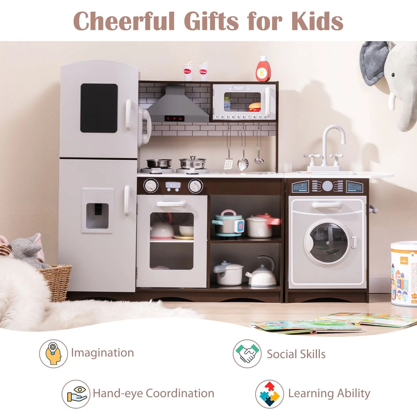 Corner Toy Kitchen Set with Light with Sounds Interactive-Dark Brown - Image 5