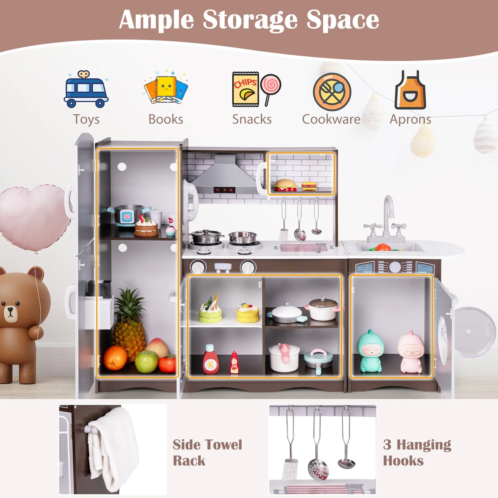 Corner Toy Kitchen Set with Light with Sounds Interactive-Dark Brown - Image 7