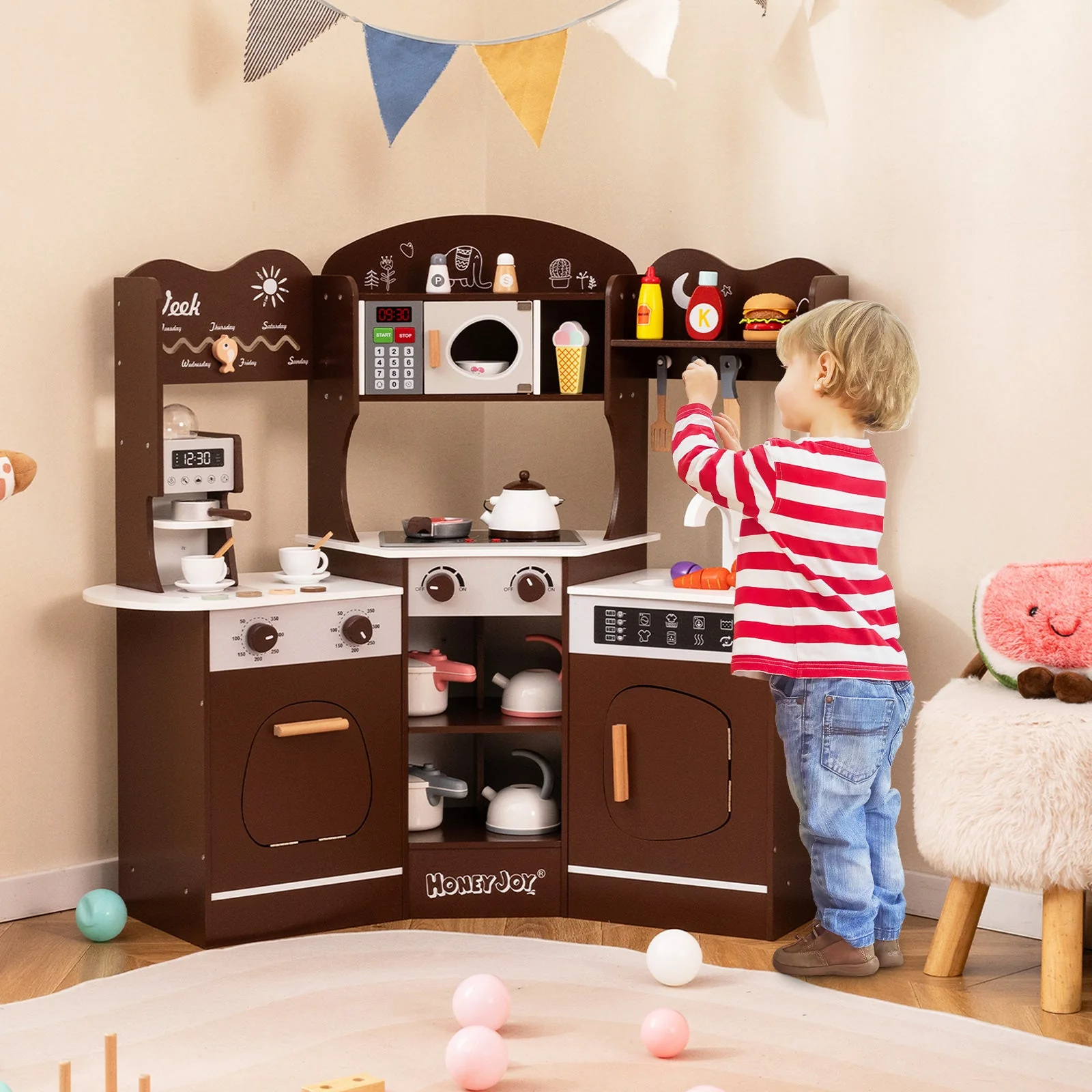 Corner Wooden Play Kitchen with Coffee Machine and Slide for Kids-Brown - Image 2