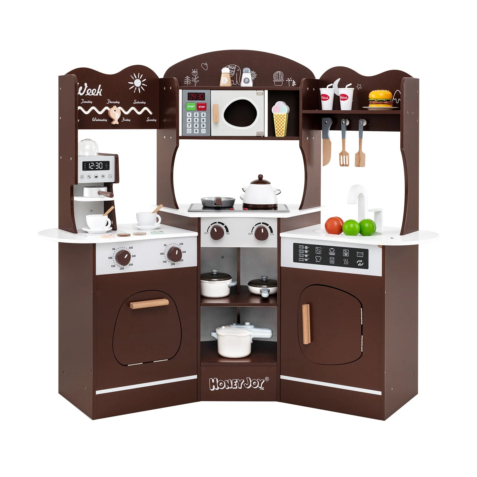 Corner Wooden Play Kitchen with Coffee Machine and Slide for Kids-Brown - Image 3