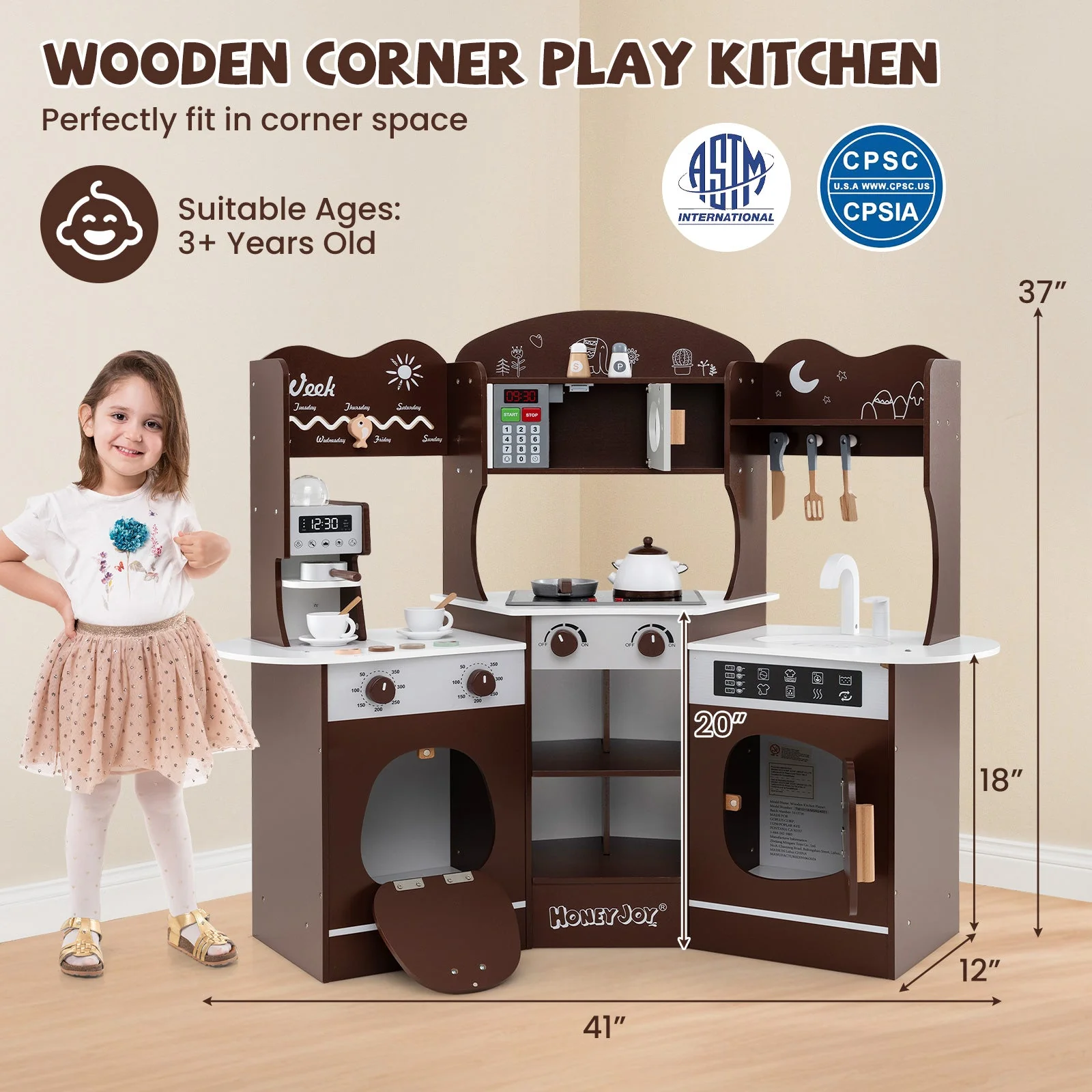 Corner Wooden Play Kitchen with Coffee Machine and Slide for Kids-Brown - Image 4