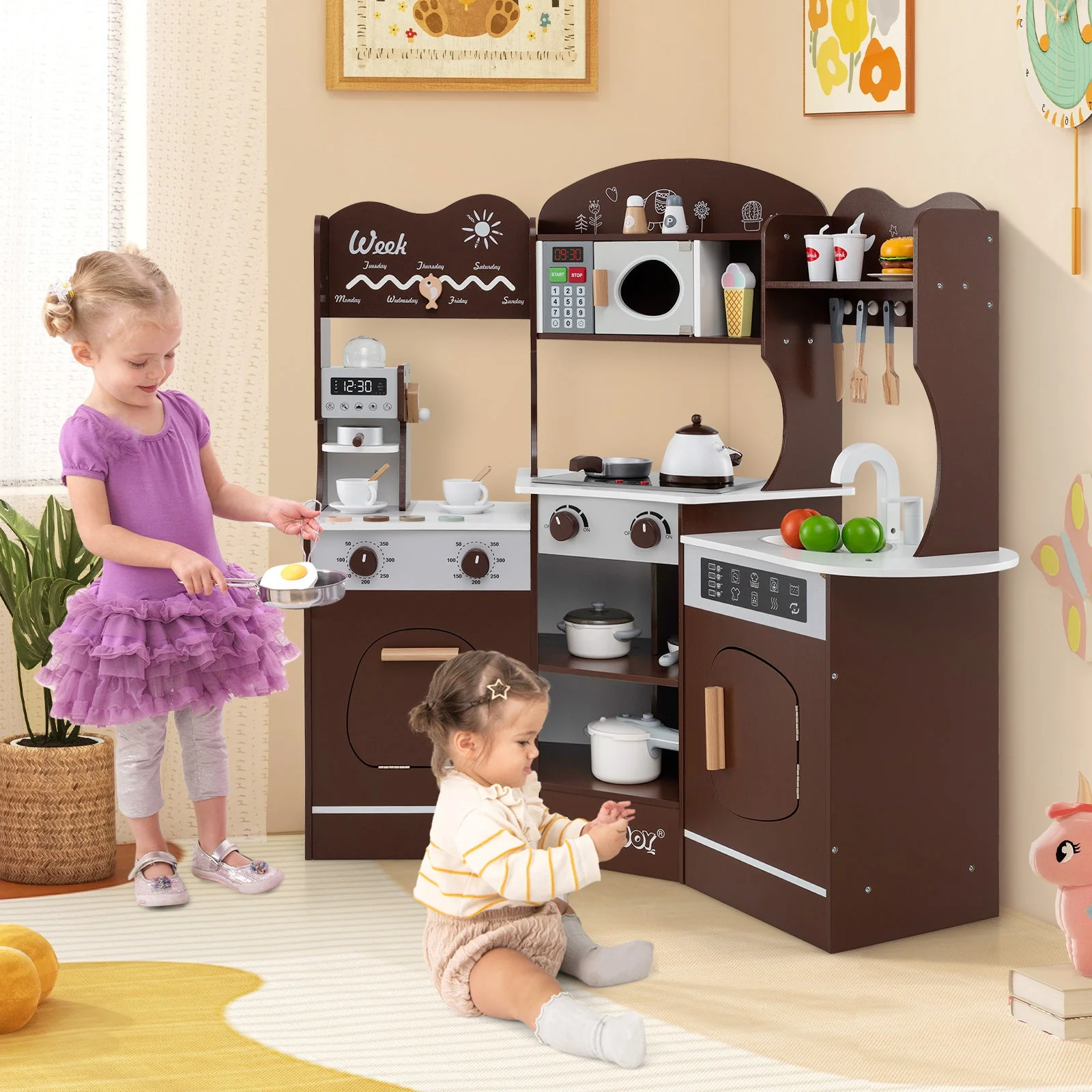 Corner Wooden Play Kitchen with Coffee Machine and Slide for Kids-Brown - Image 5