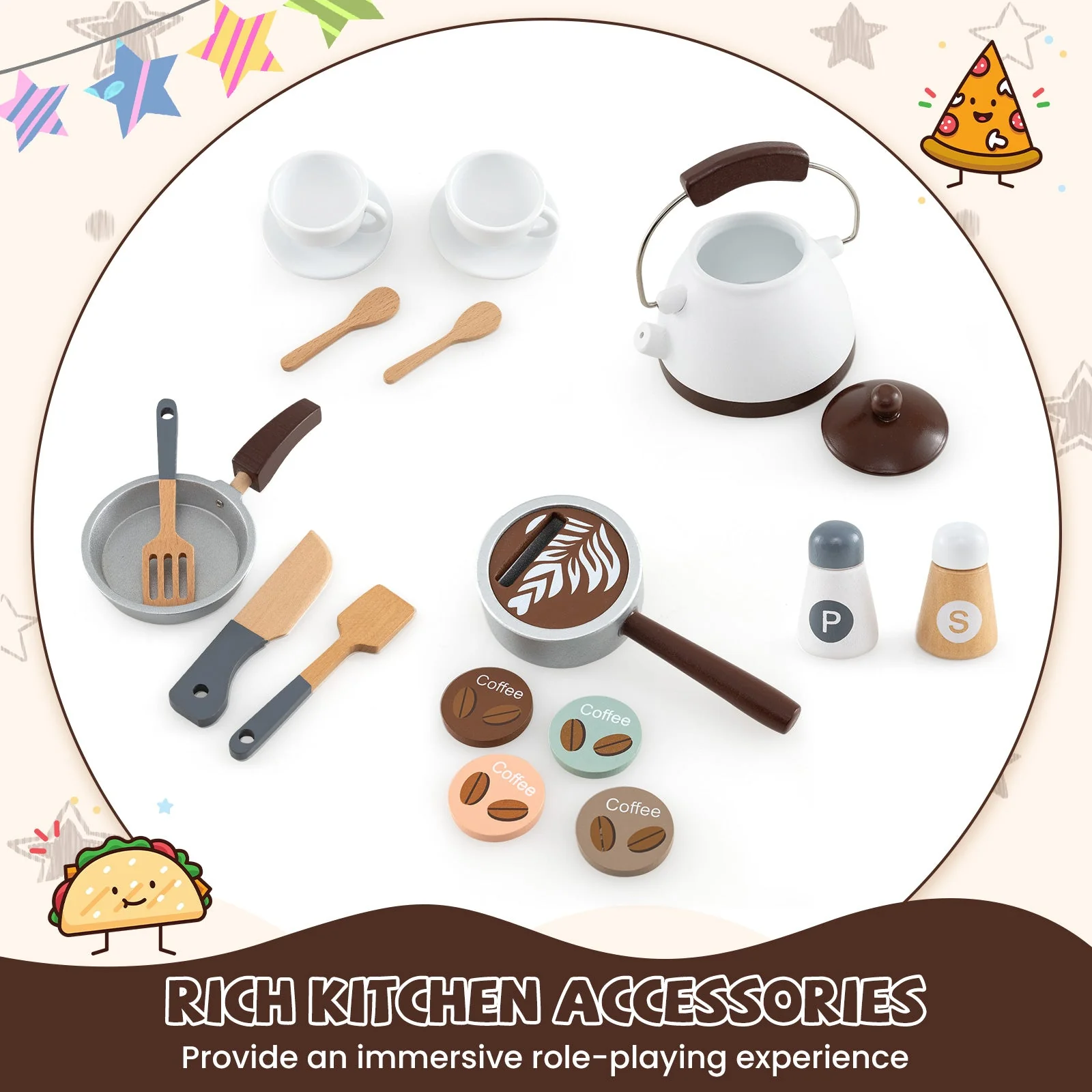 Corner Wooden Play Kitchen with Coffee Machine and Slide for Kids-Brown - Image 6