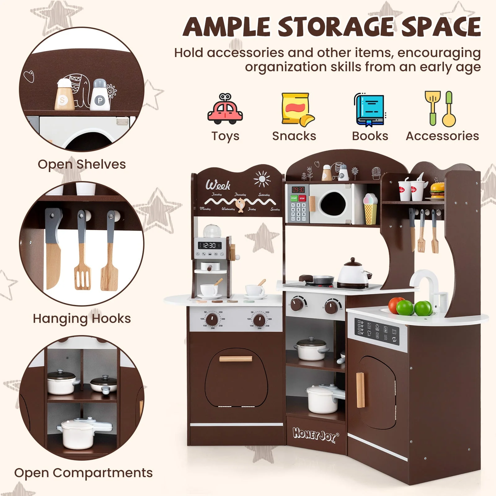 Corner Wooden Play Kitchen with Coffee Machine and Slide for Kids-Brown - Image 7