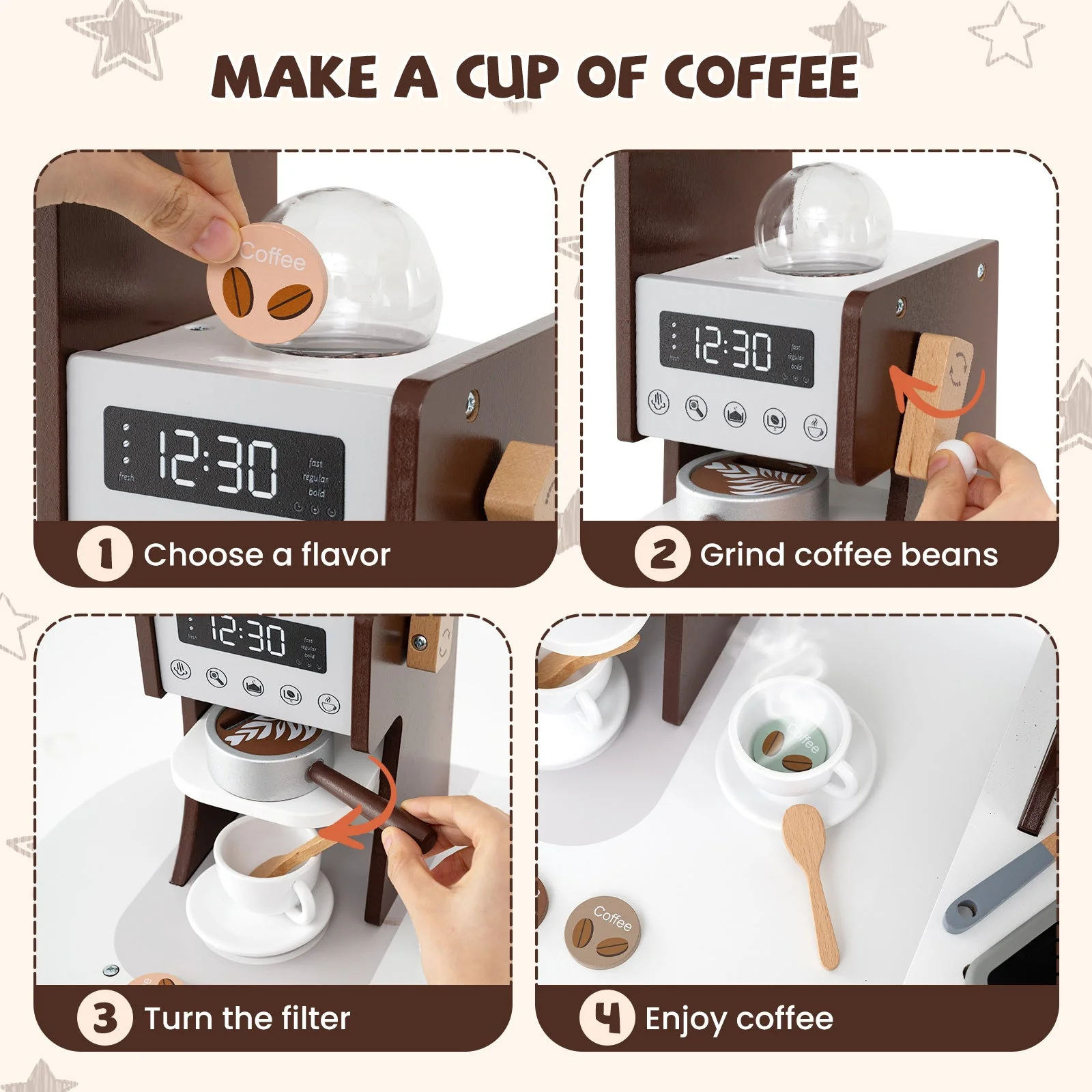 Corner Wooden Play Kitchen with Coffee Machine and Slide for Kids-Brown - Image 8
