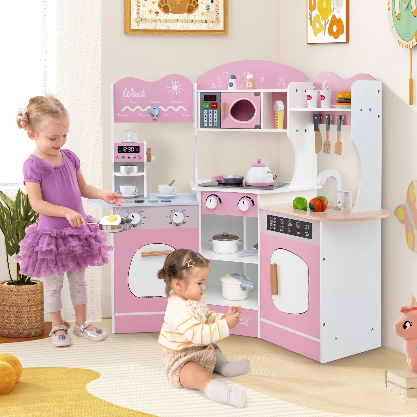 Corner Wooden Play Kitchen with Coffee Machine and Slide for Kids-Pink - Image 2