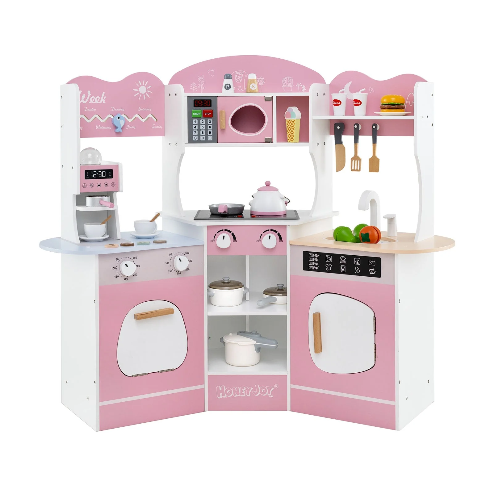Corner Wooden Play Kitchen with Coffee Machine and Slide for Kids-Pink - Image 3