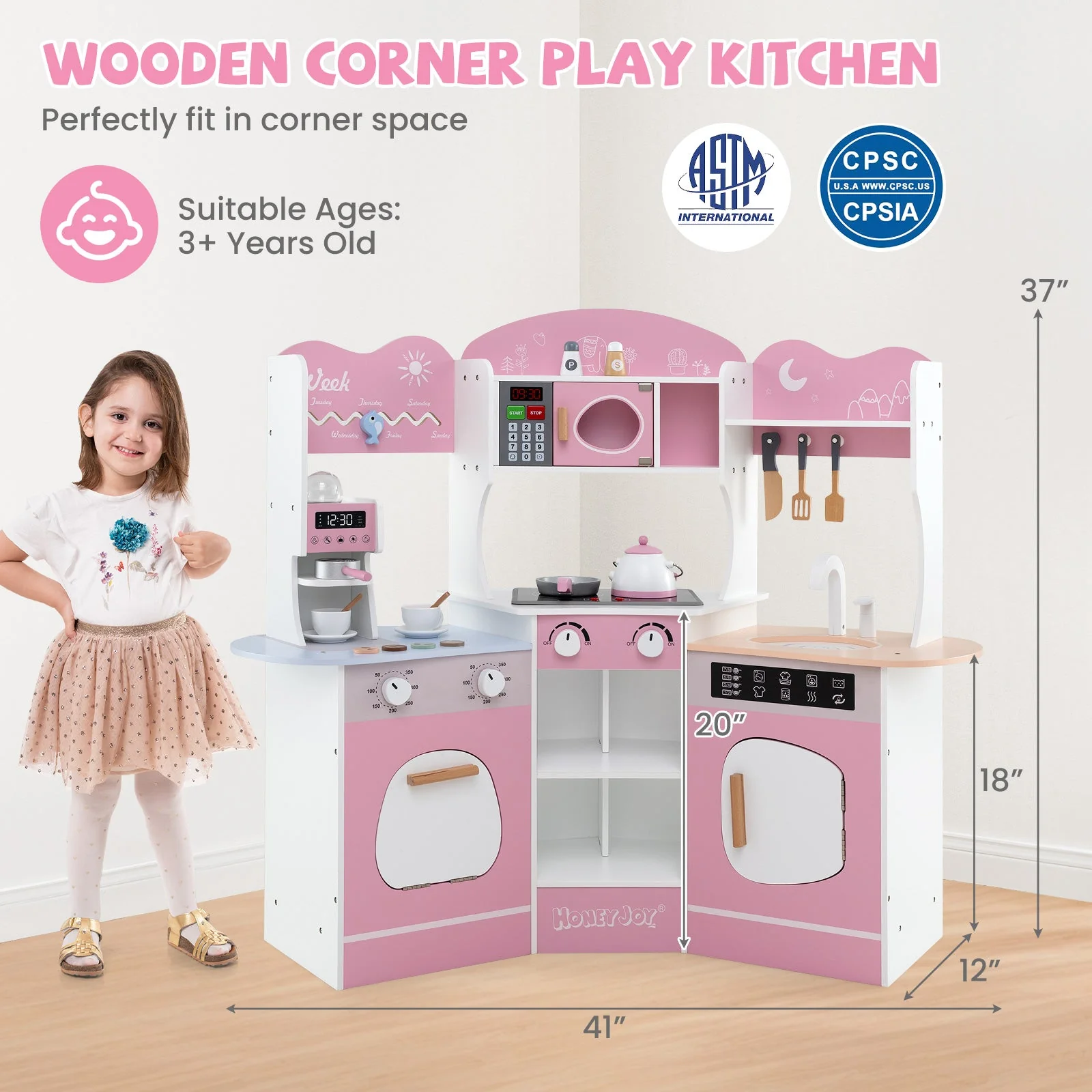 Corner Wooden Play Kitchen with Coffee Machine and Slide for Kids-Pink - Image 4