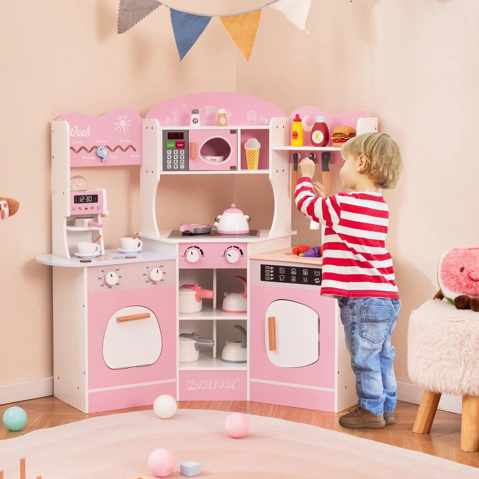 Corner Wooden Play Kitchen with Coffee Machine and Slide for Kids-Pink - Image 5