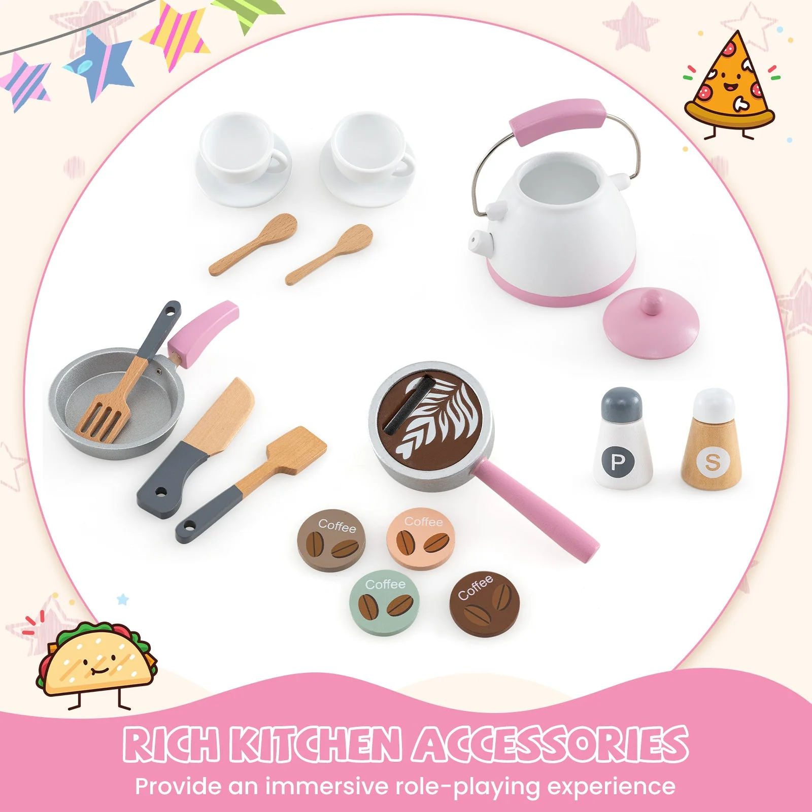 Corner Wooden Play Kitchen with Coffee Machine and Slide for Kids-Pink - Image 6