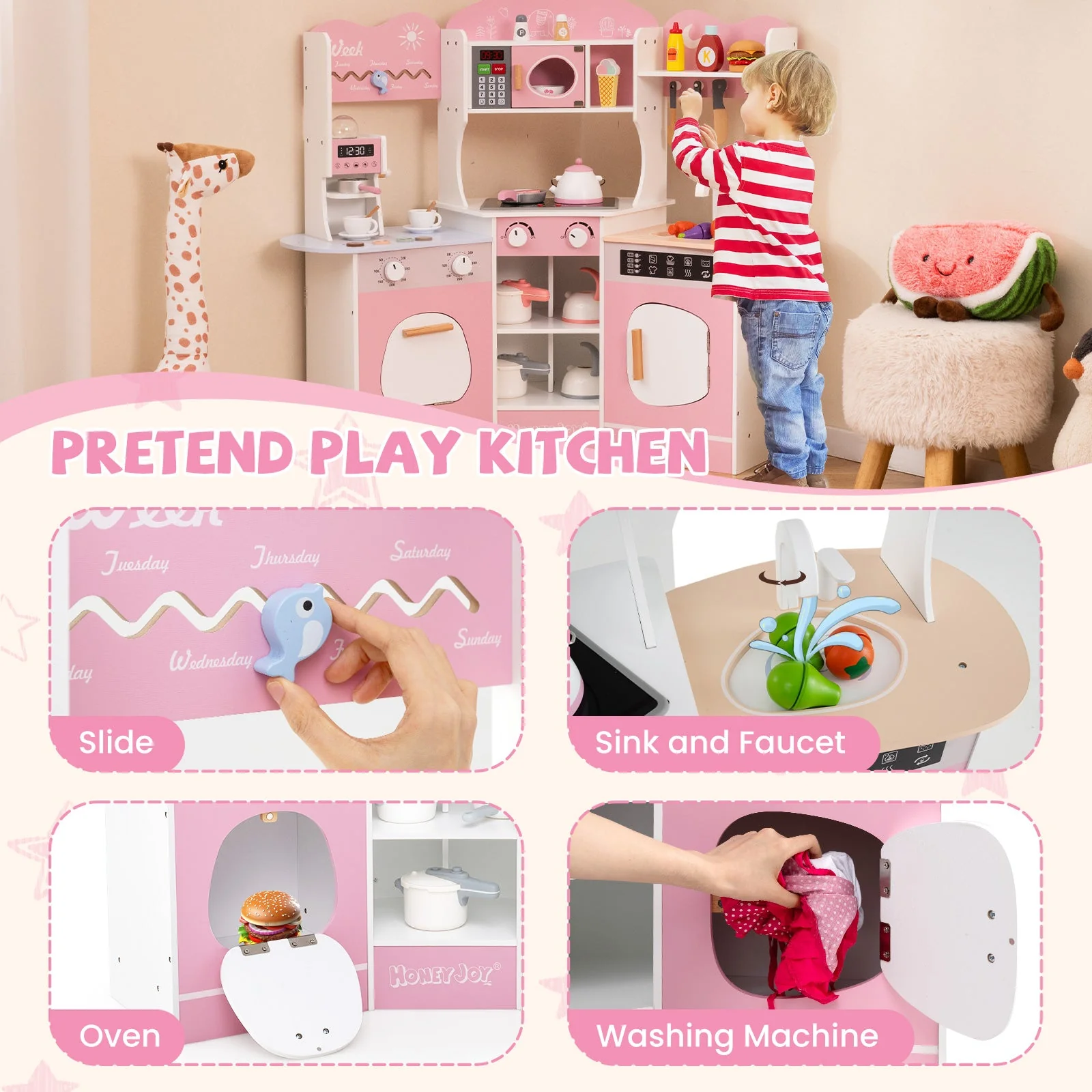 Corner Wooden Play Kitchen with Coffee Machine and Slide for Kids-Pink - Image 7