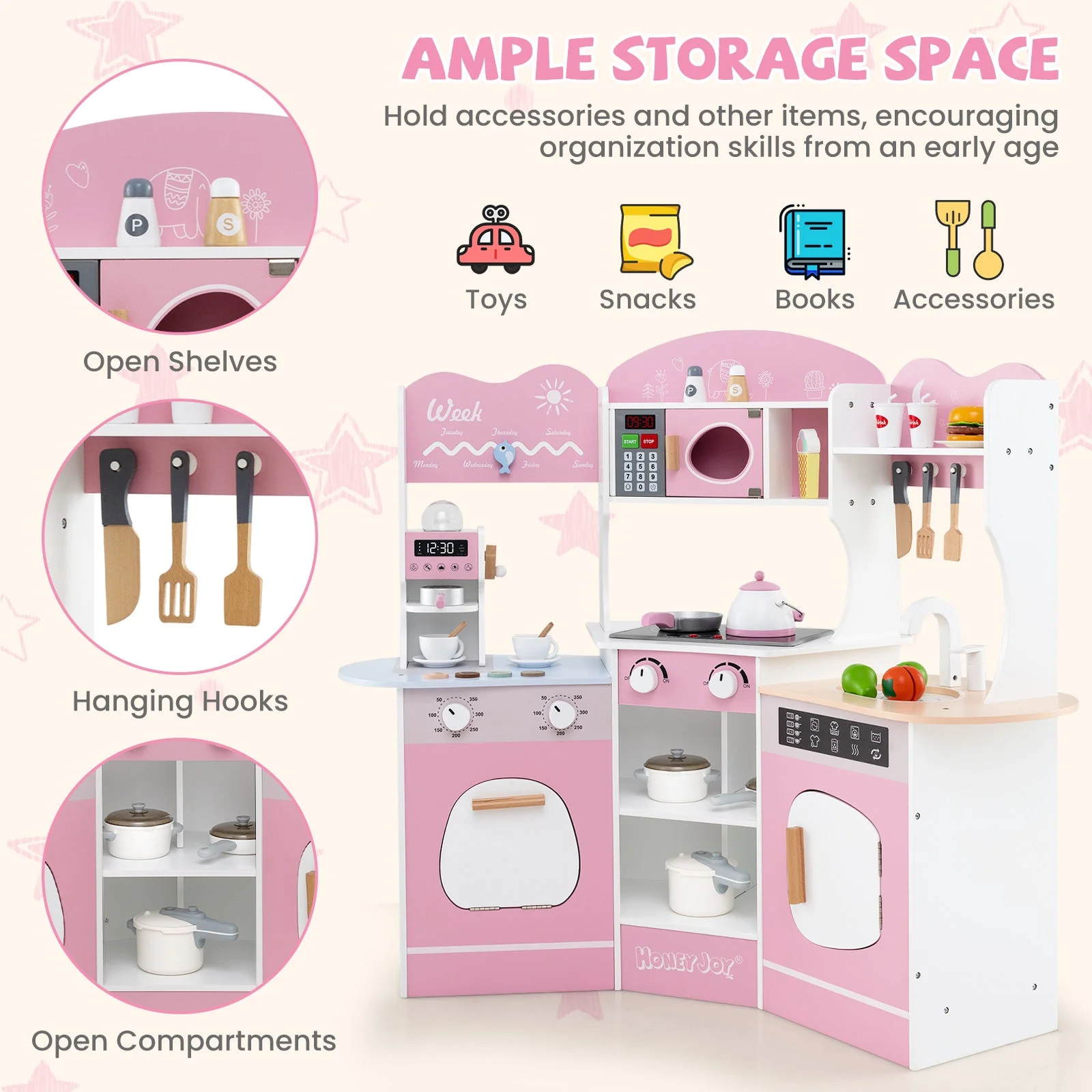 Corner Wooden Play Kitchen with Coffee Machine and Slide for Kids-Pink - Image 8