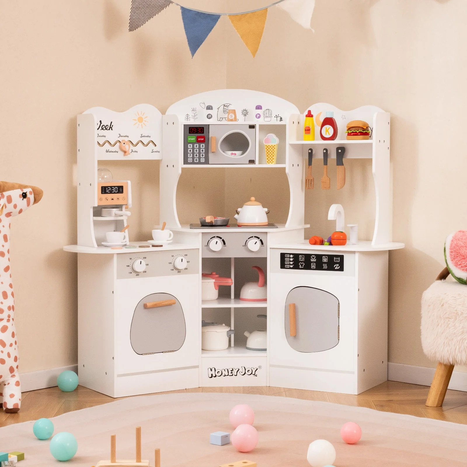 Corner Wooden Play Kitchen with Coffee Machine and Slide for Kids-White - Image 2