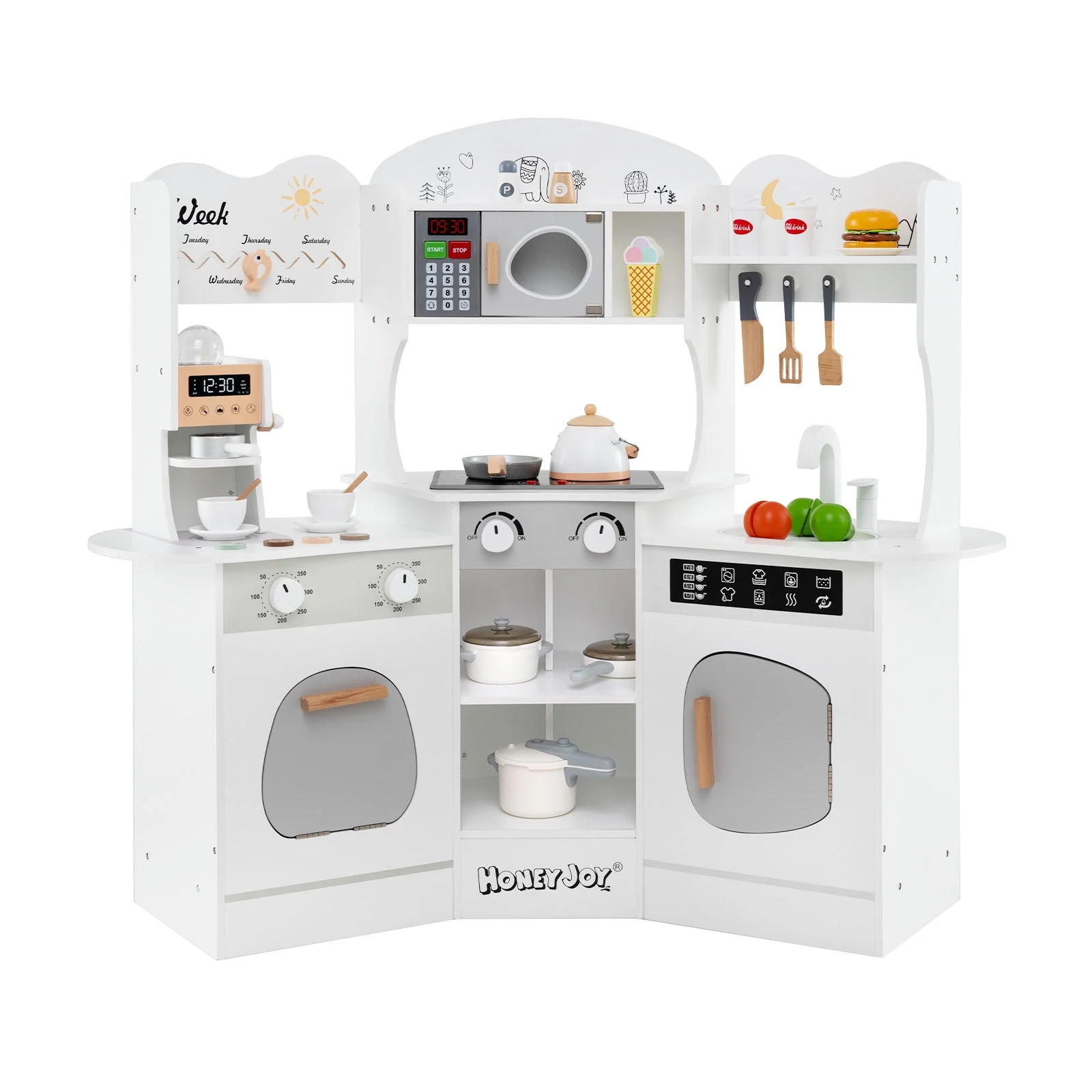 Corner Wooden Play Kitchen with Coffee Machine and Slide for Kids-White - Image 3