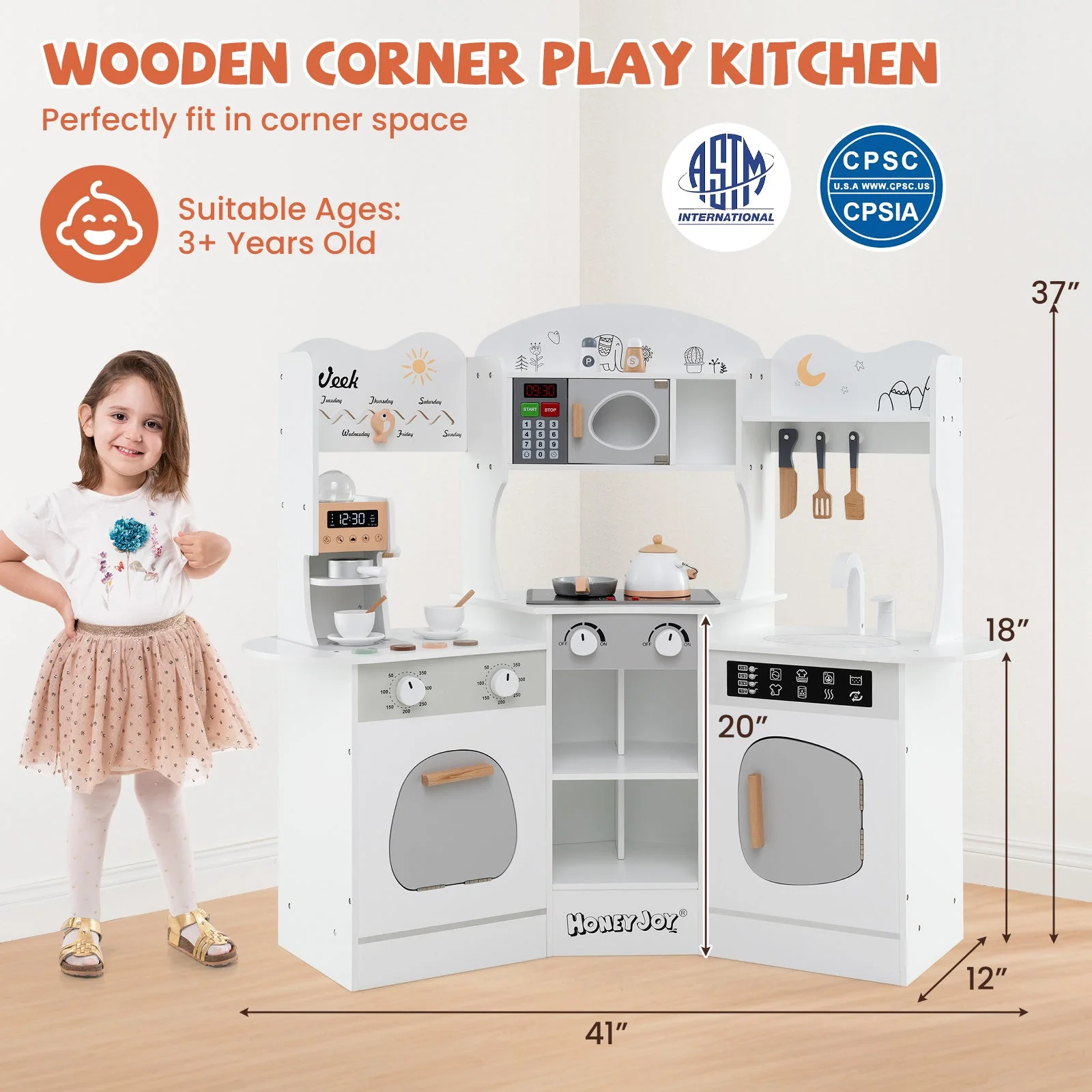 Corner Wooden Play Kitchen with Coffee Machine and Slide for Kids-White - Image 4