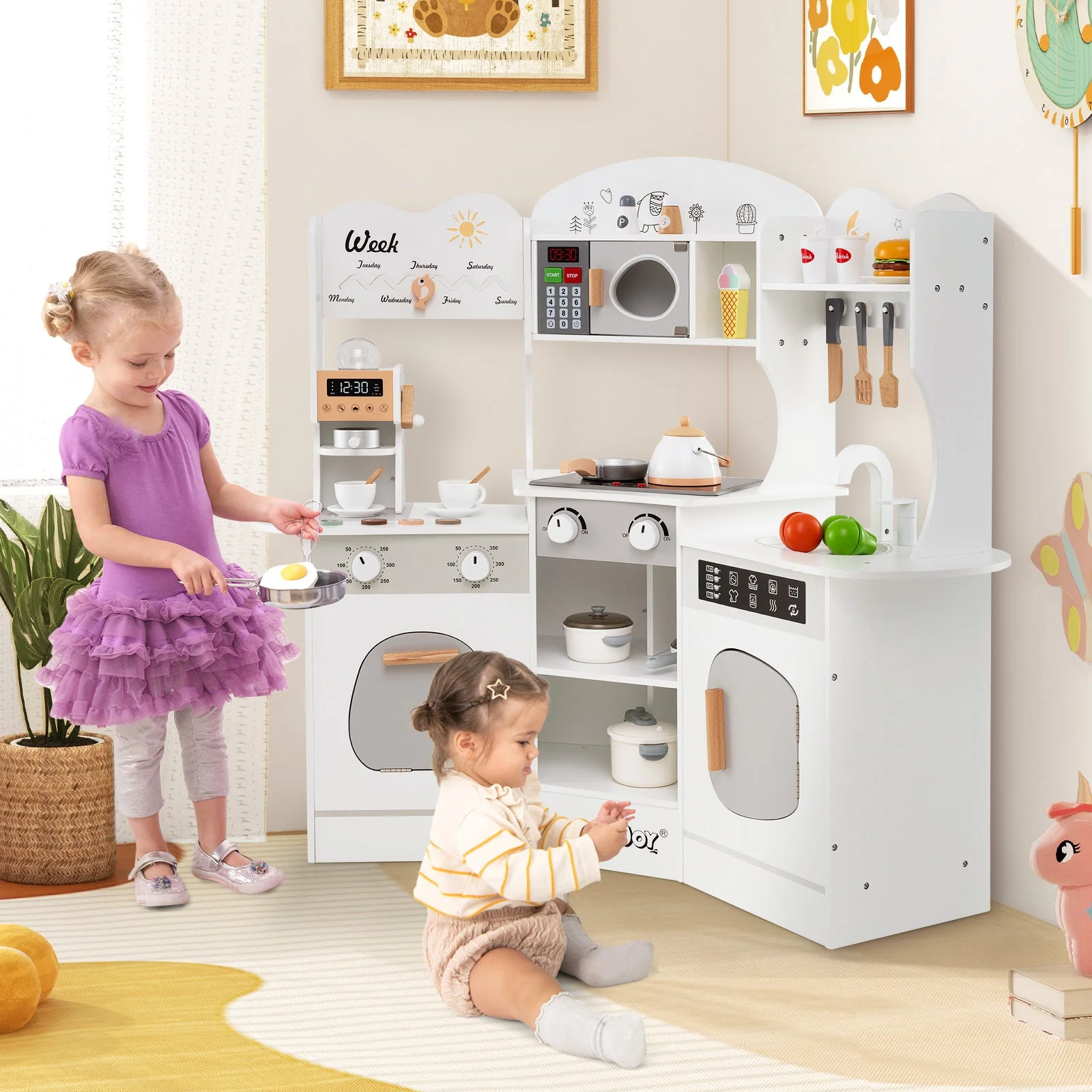 Corner Wooden Play Kitchen with Coffee Machine and Slide for Kids-White - Image 5