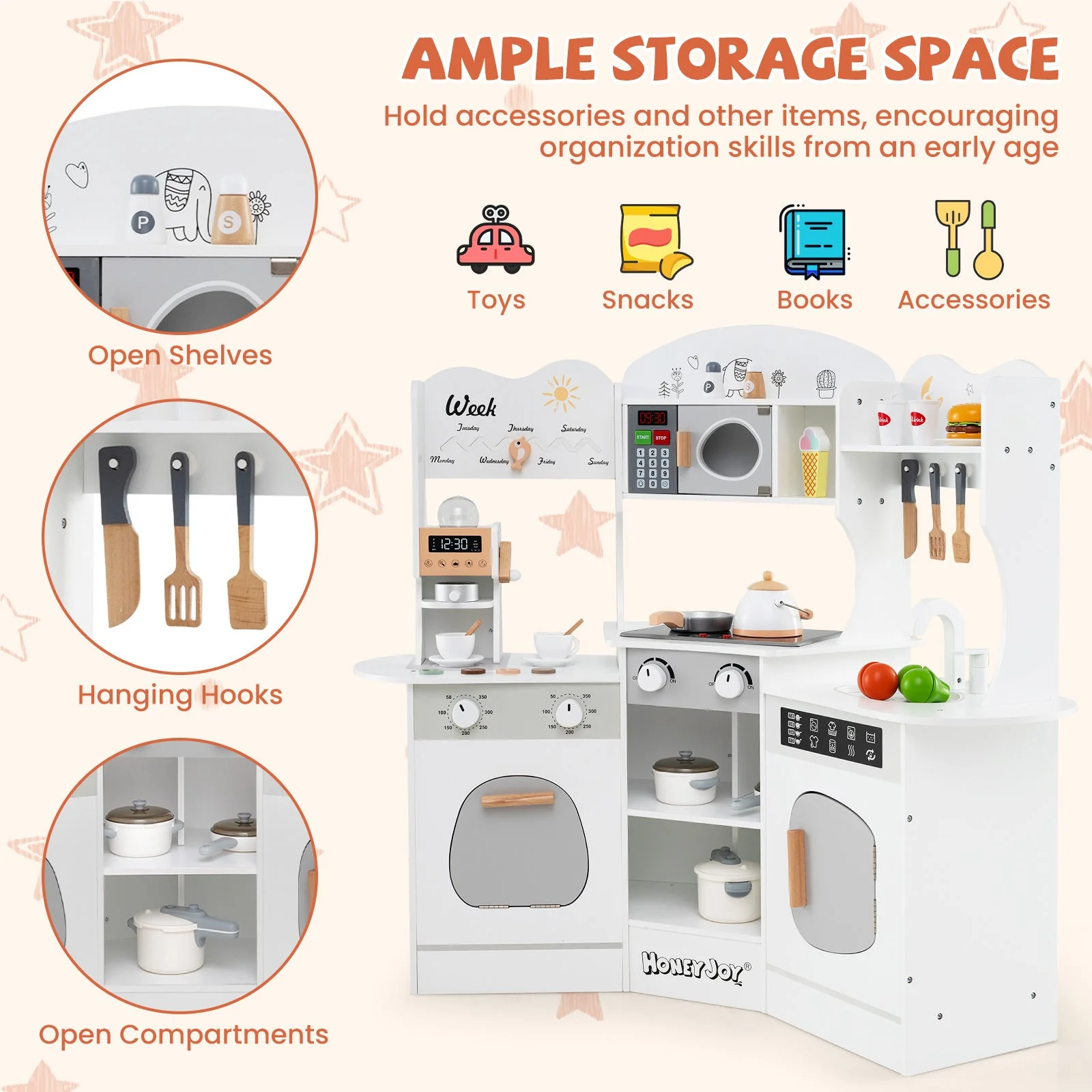 Corner Wooden Play Kitchen with Coffee Machine and Slide for Kids-White - Image 7
