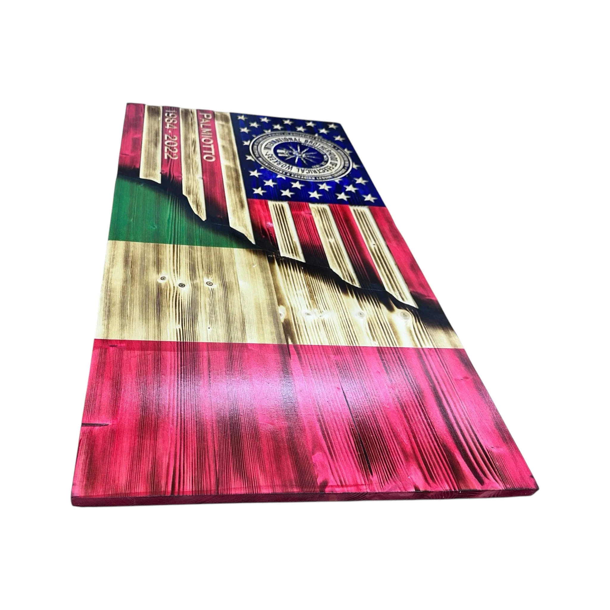 Custom Split American Flag with Engraved Badges and Personalization - Image 2