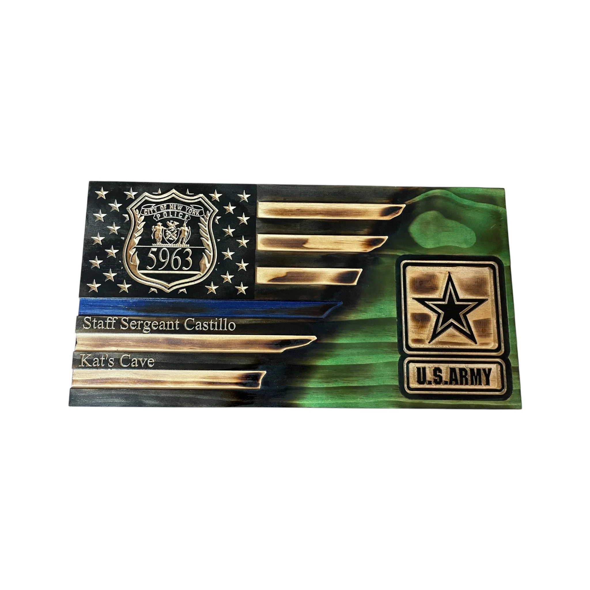Custom Split American Flag with Engraved Badges and Personalization - Image 3