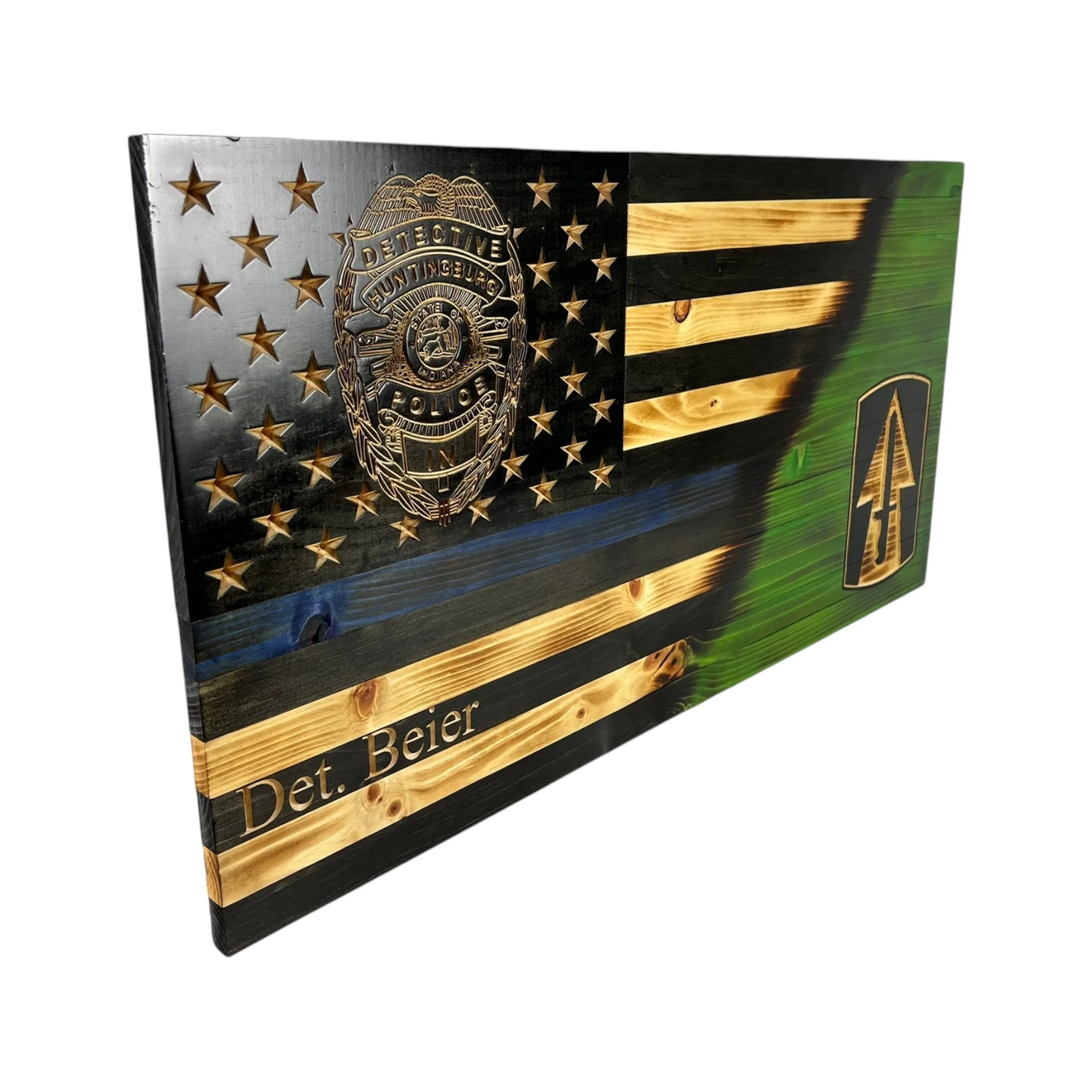 Custom Split American Flag with Engraved Badges and Personalization - Image 4